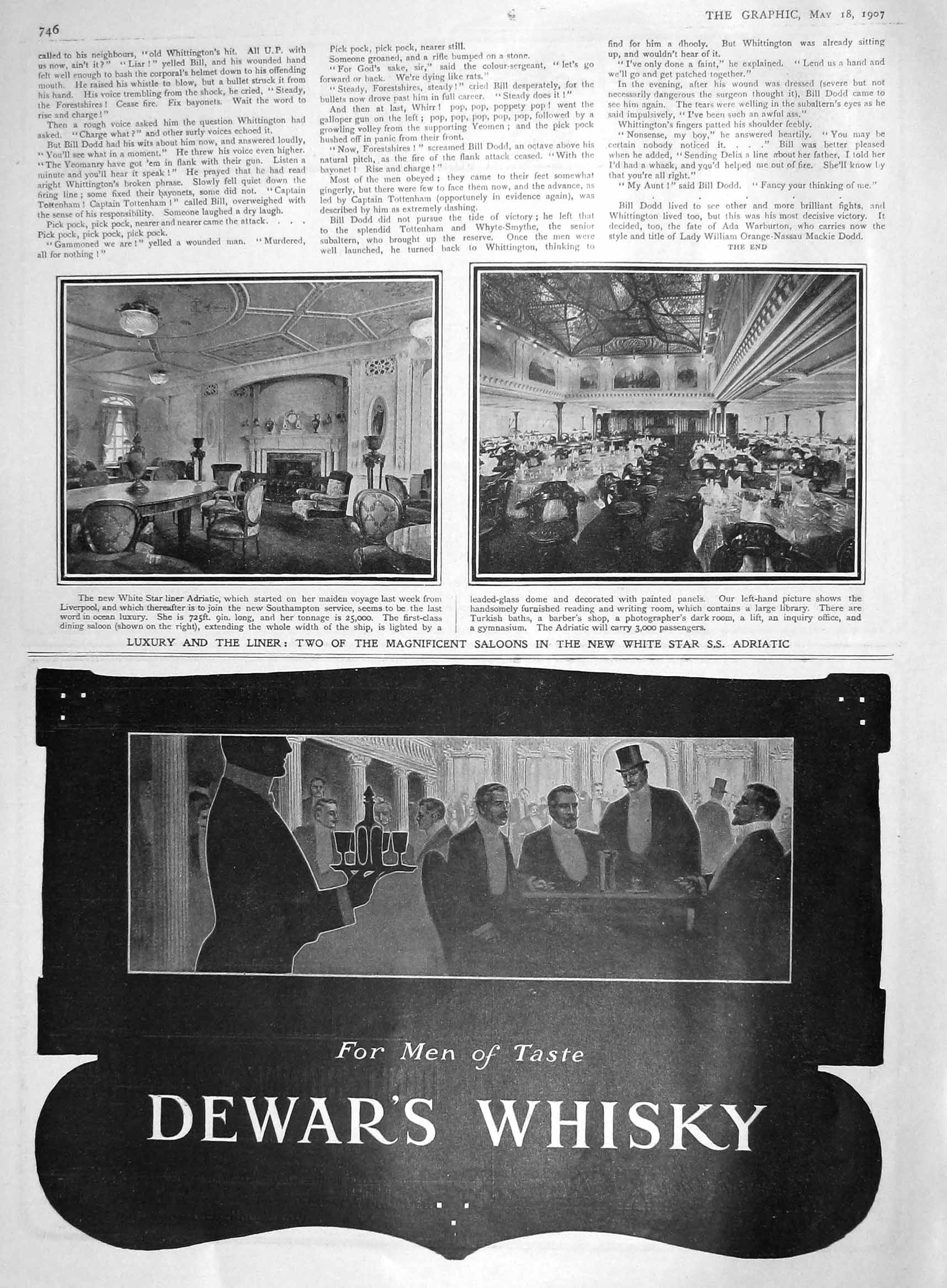Original Old Antique Print 1907 Saloon White Star Liner Adriatic Dewars 20th