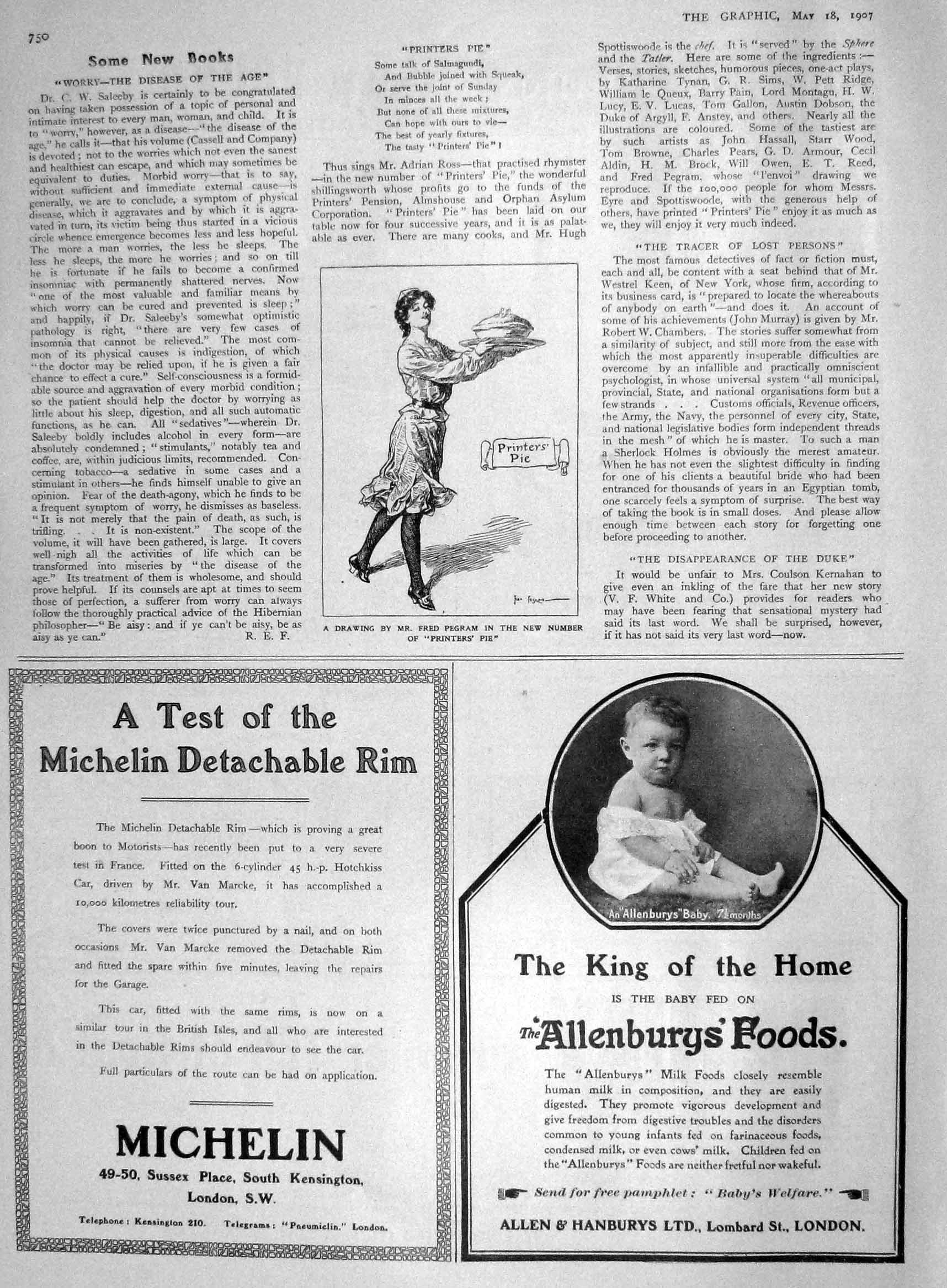 Original Old Antique Print 1907 Ers Pie Drawing Allenbury Food Michelin Tyres