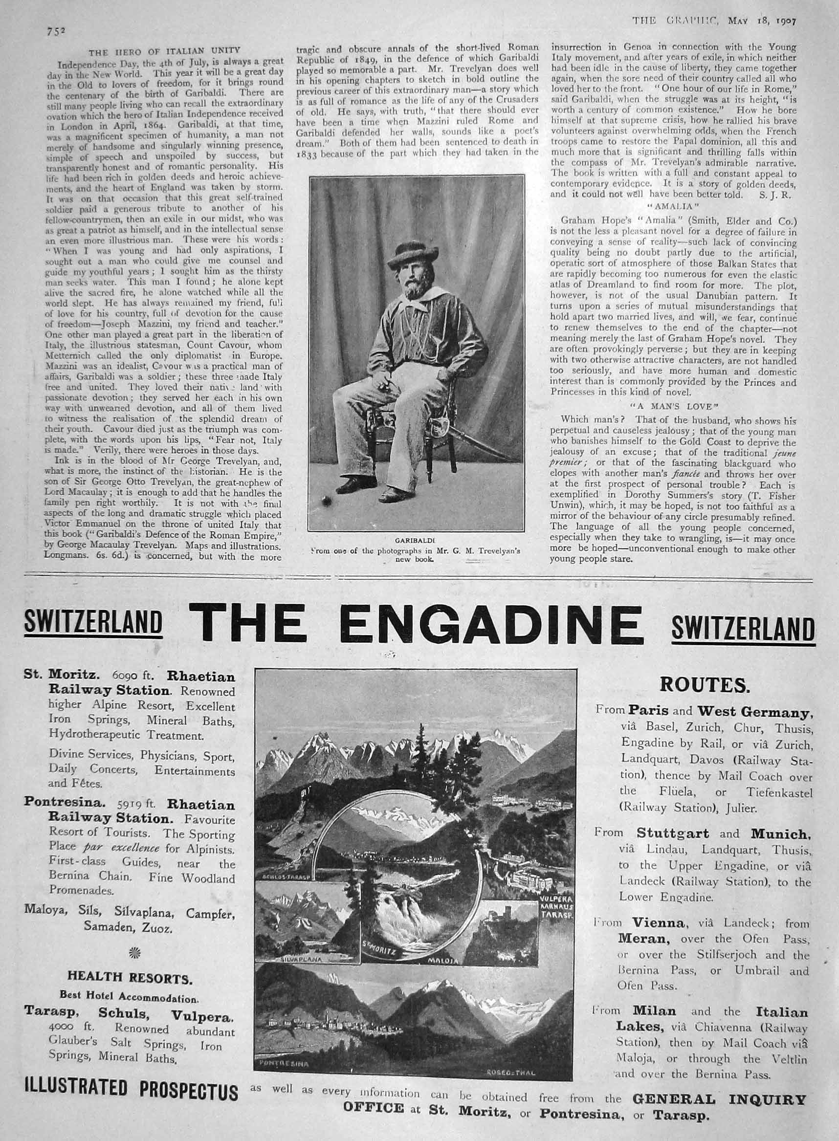 Original Old Antique Print 1907 Portrait Garibaldi Engadine Switzerland Moritz