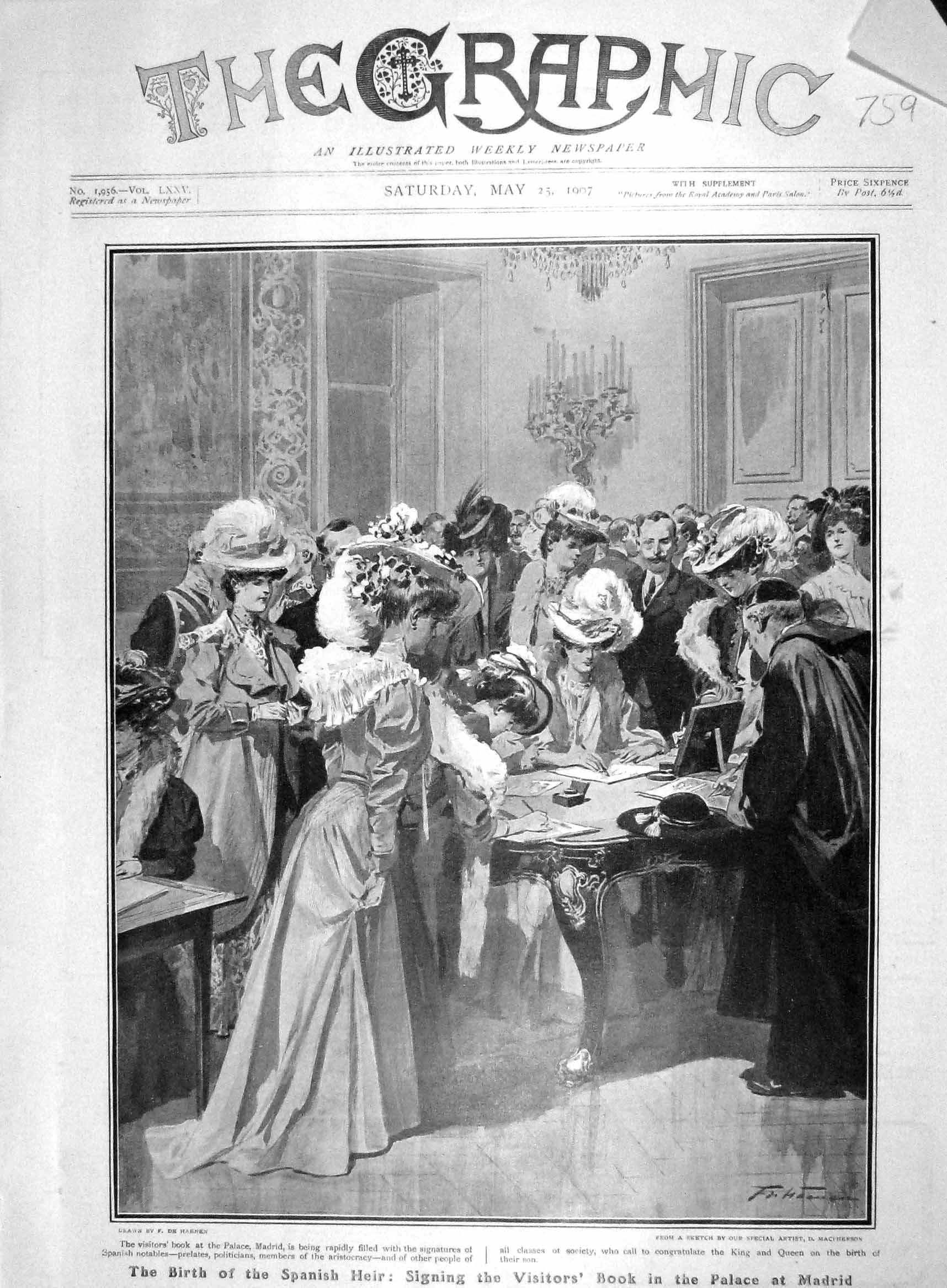 Old Antique Print 1907 Queen Spain Birth Son Visitors Book Palace Madrid 20th