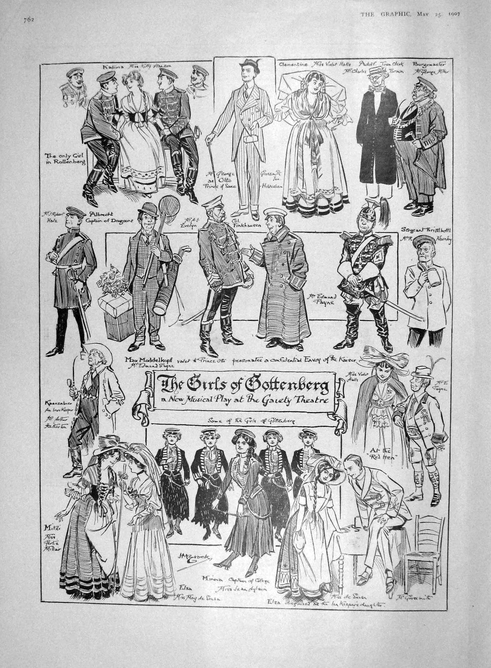 Original Old Antique Print 1907 Gaiety Theatre Gottenberg Kirk Moorhouse Buchan