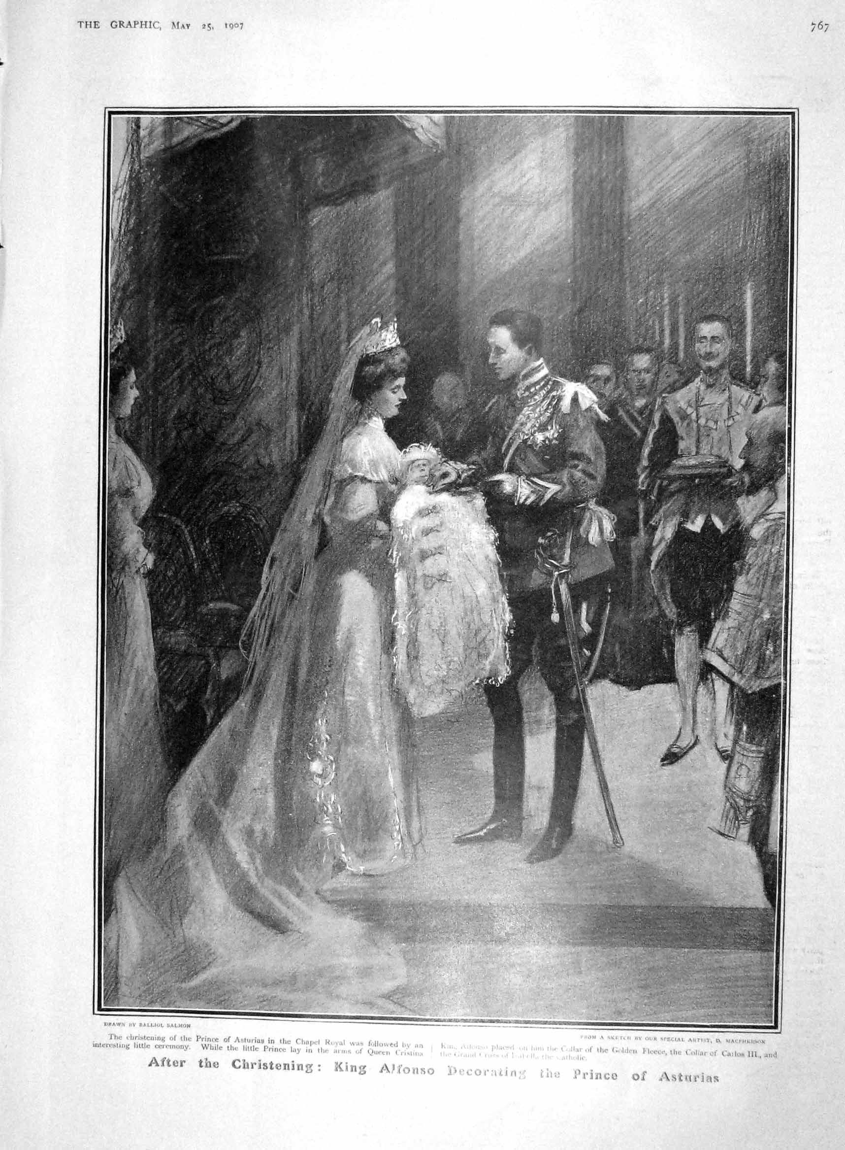 Old Antique Print 1907 Christening Prince Austria King Alfonso Asturias 20th