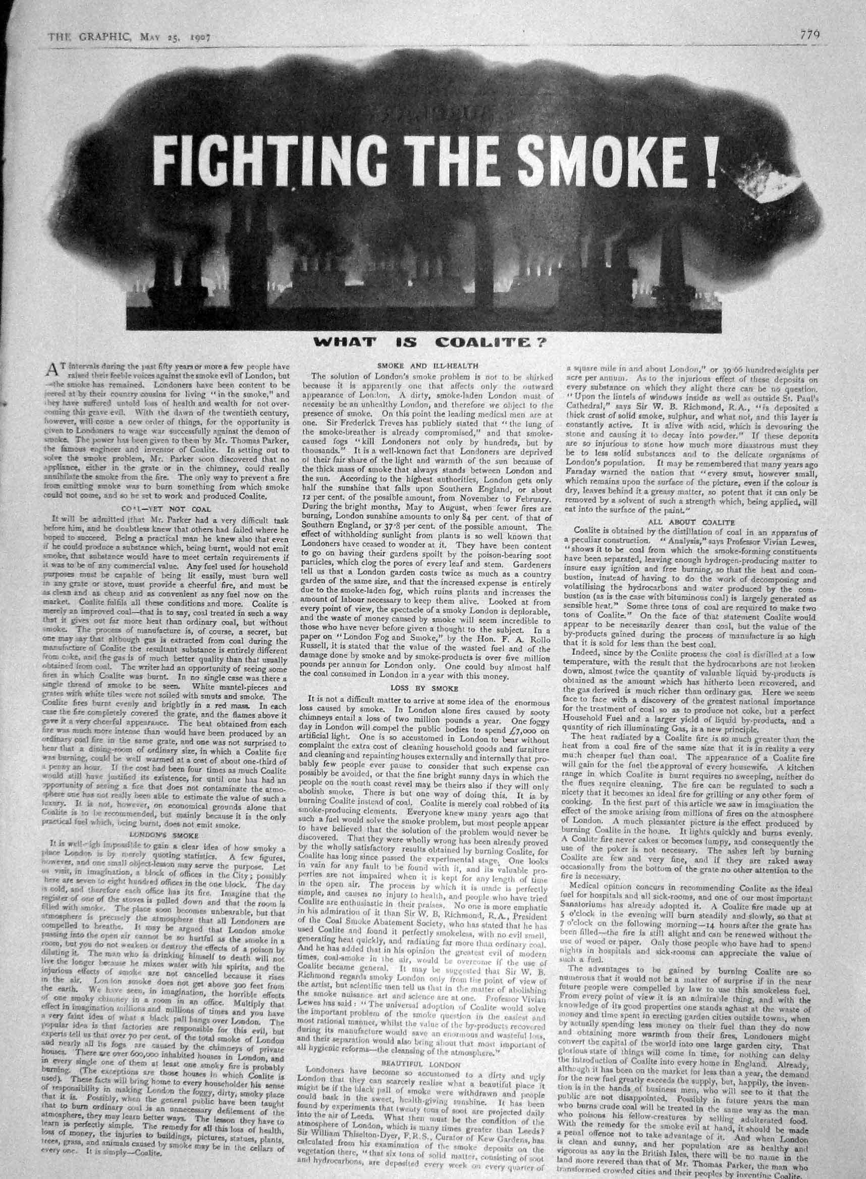 Original Old Antique Print 1907 Advertisement Fighting Smoke Coalite Fuel 20th