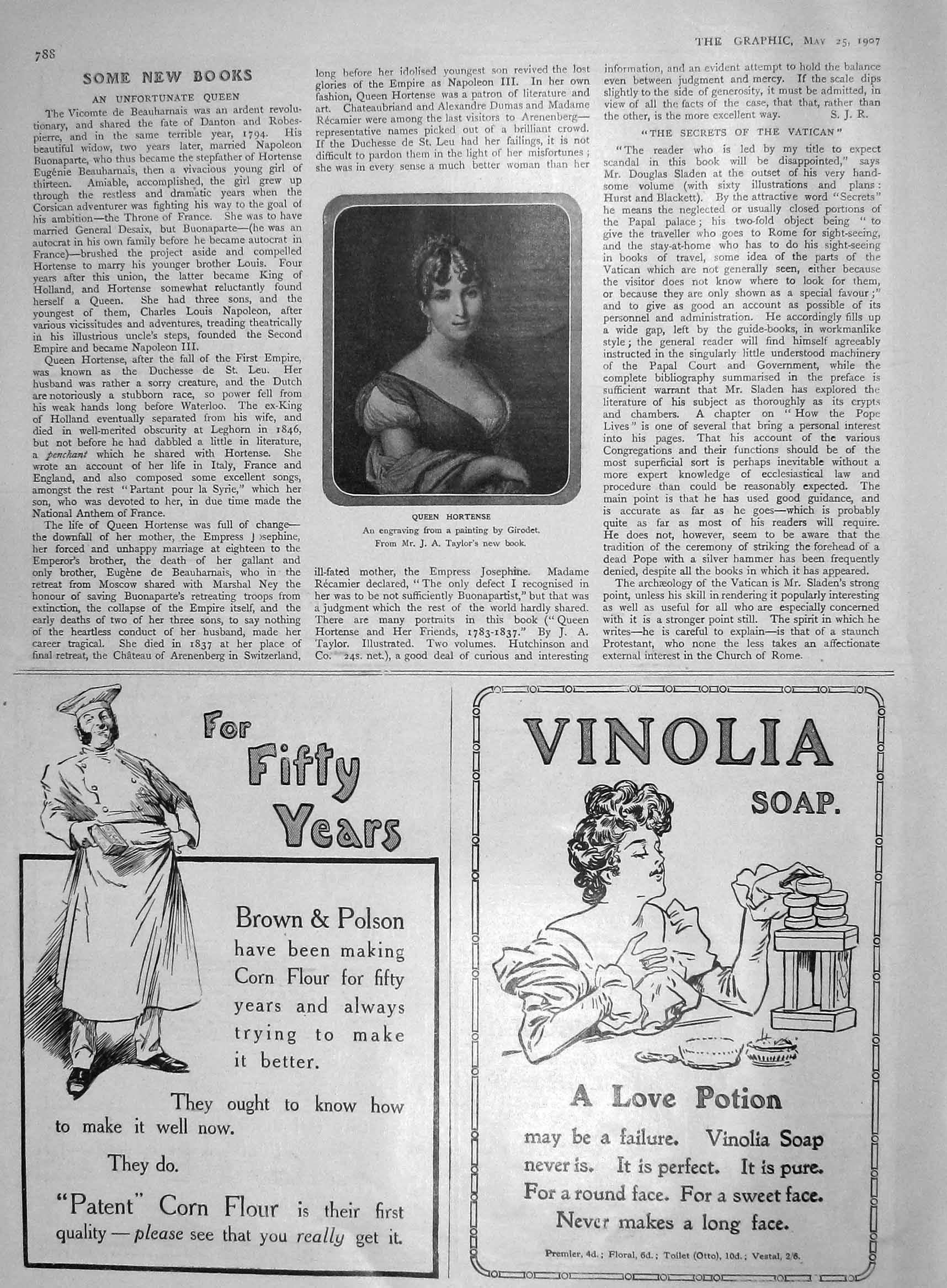Old Antique Print 1907 Portrait Queen Hortense Vinolia Soap Brown Polson 20th