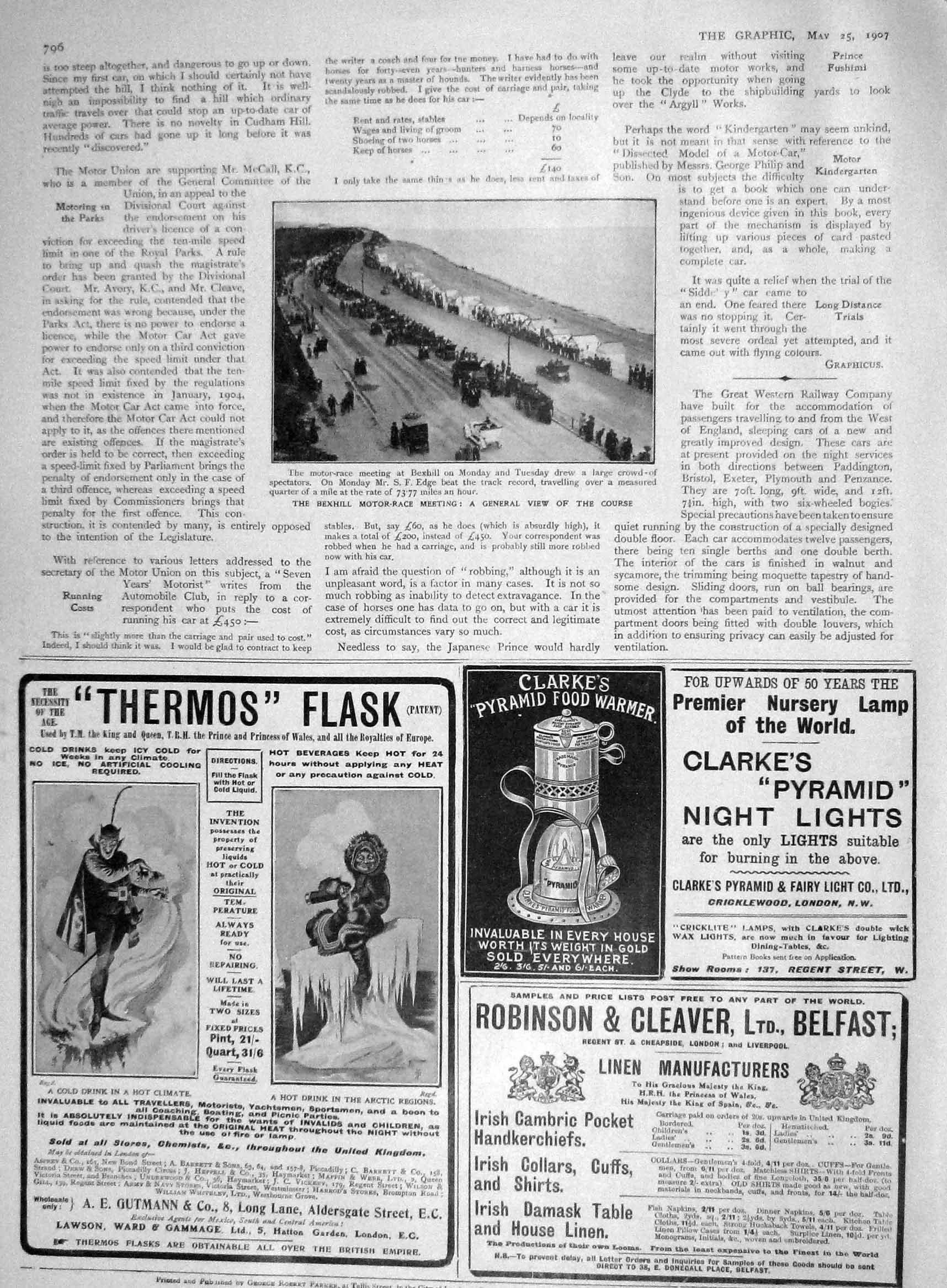 Original Old Antique Print 1907 Bexhill Motor Car Racing Thermos Flask Robinson