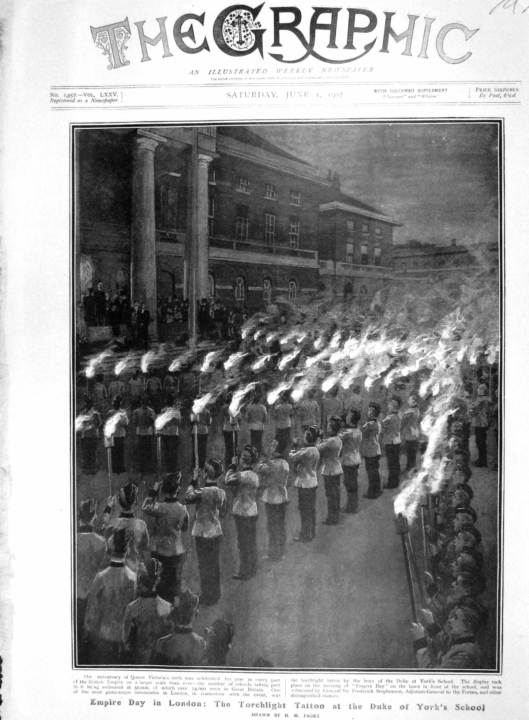 Old Antique Print 1907 Queen Victoria Torchlight Tatoo Duke York School 20th