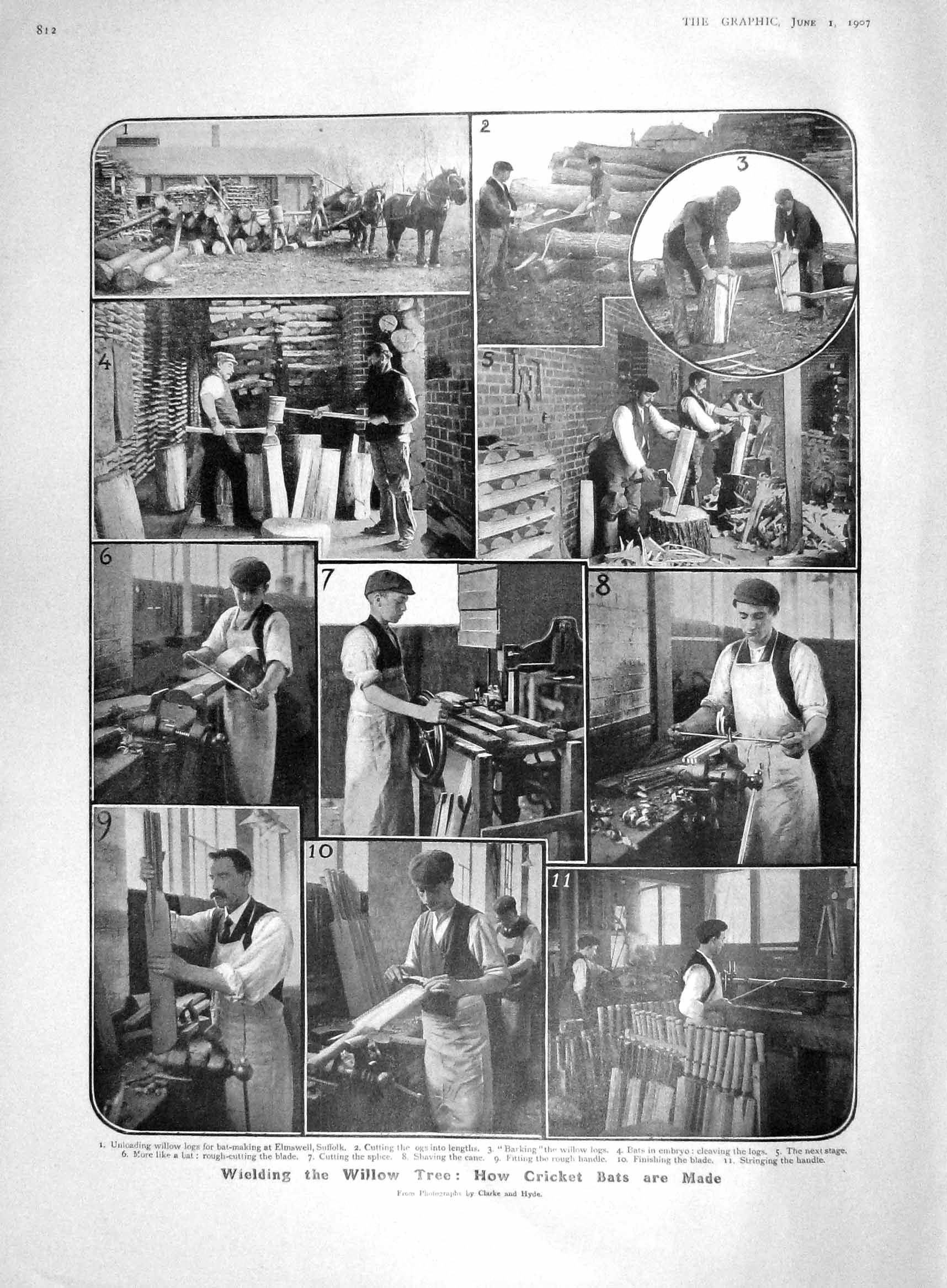 Original Old Antique Print 1907 Cricket Bats Manufacture Finch Dunn Young 20th