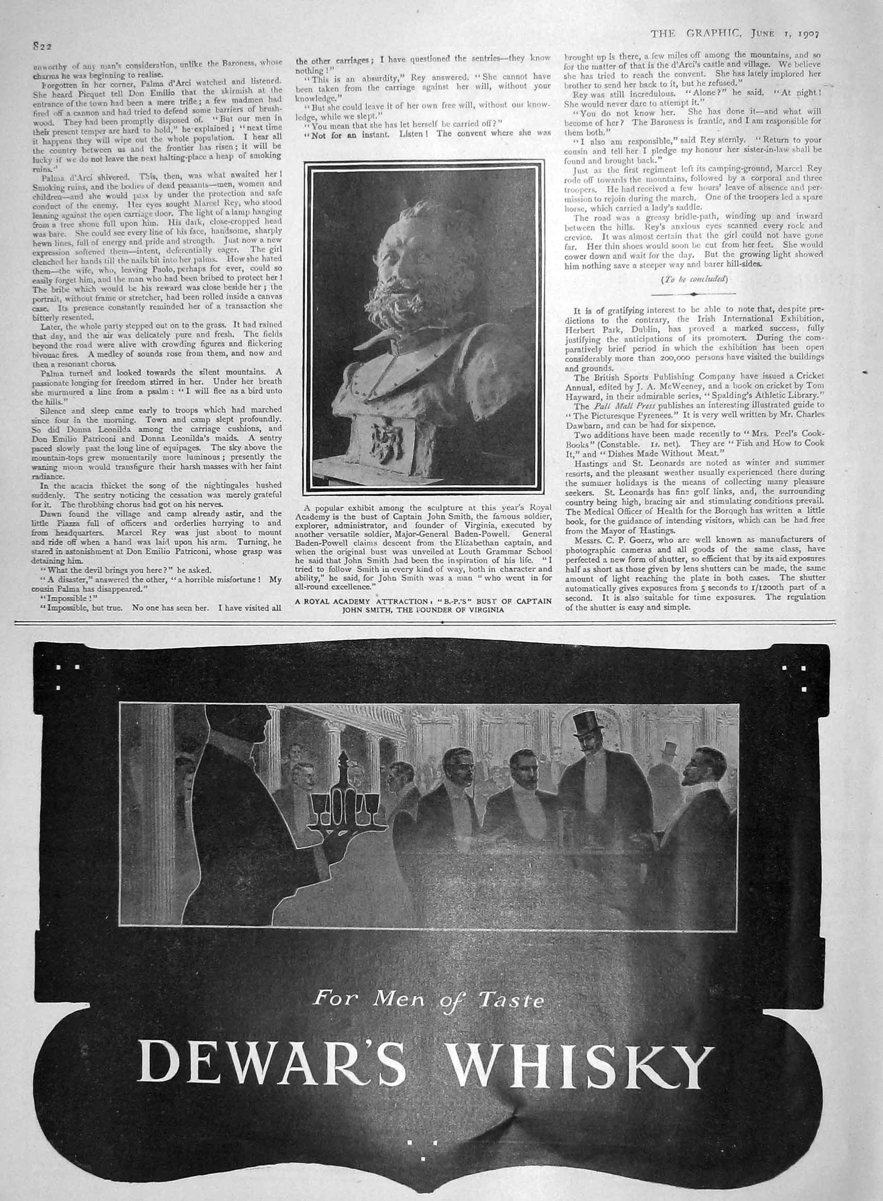 Original Old Antique Print 1907 Dewars Whisky Bust Captain John Smith V 20th
