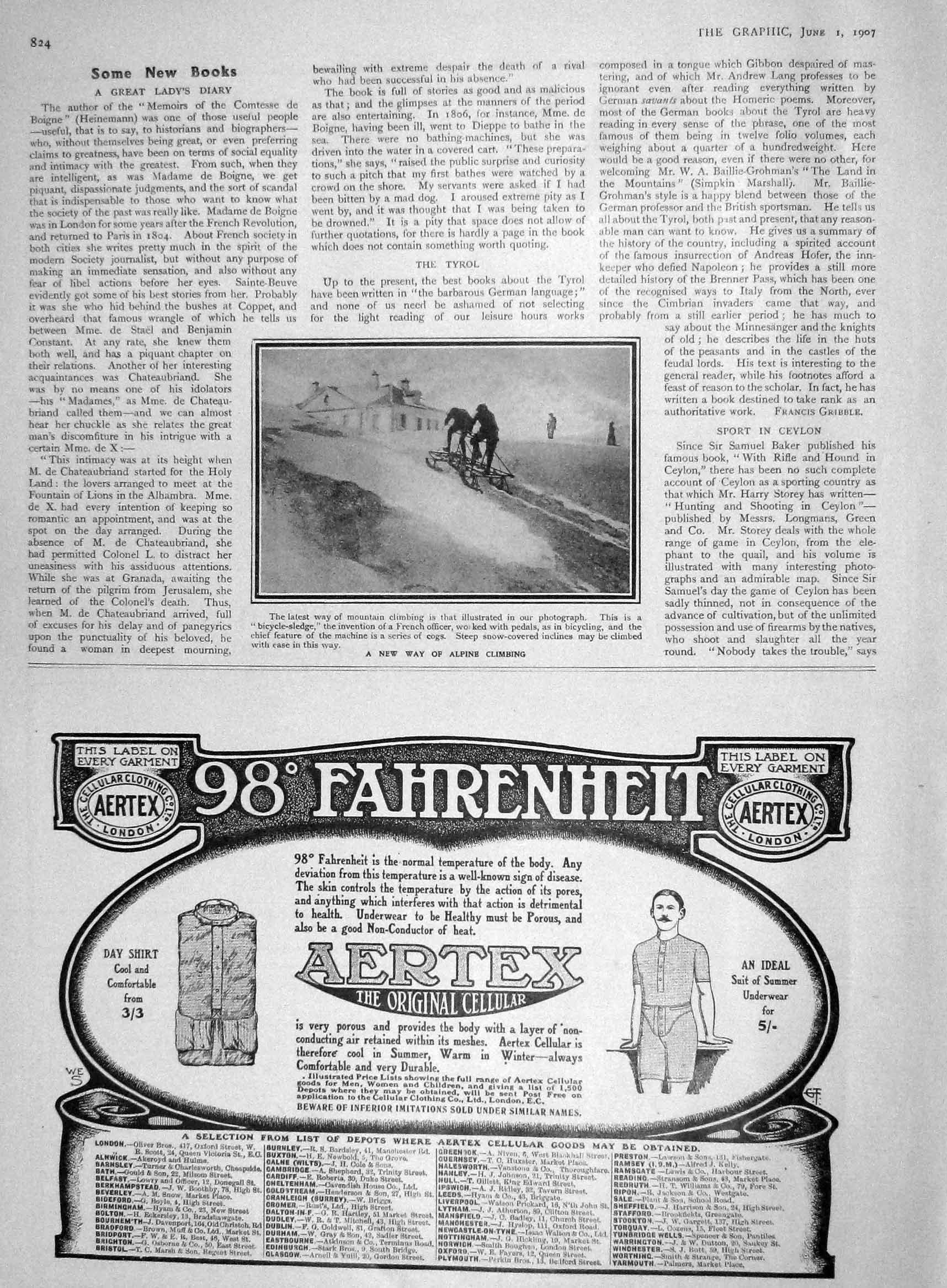 Original Old Antique Print 1907 Bicycle-Sledge Alpine Mountain Climbing Aertex