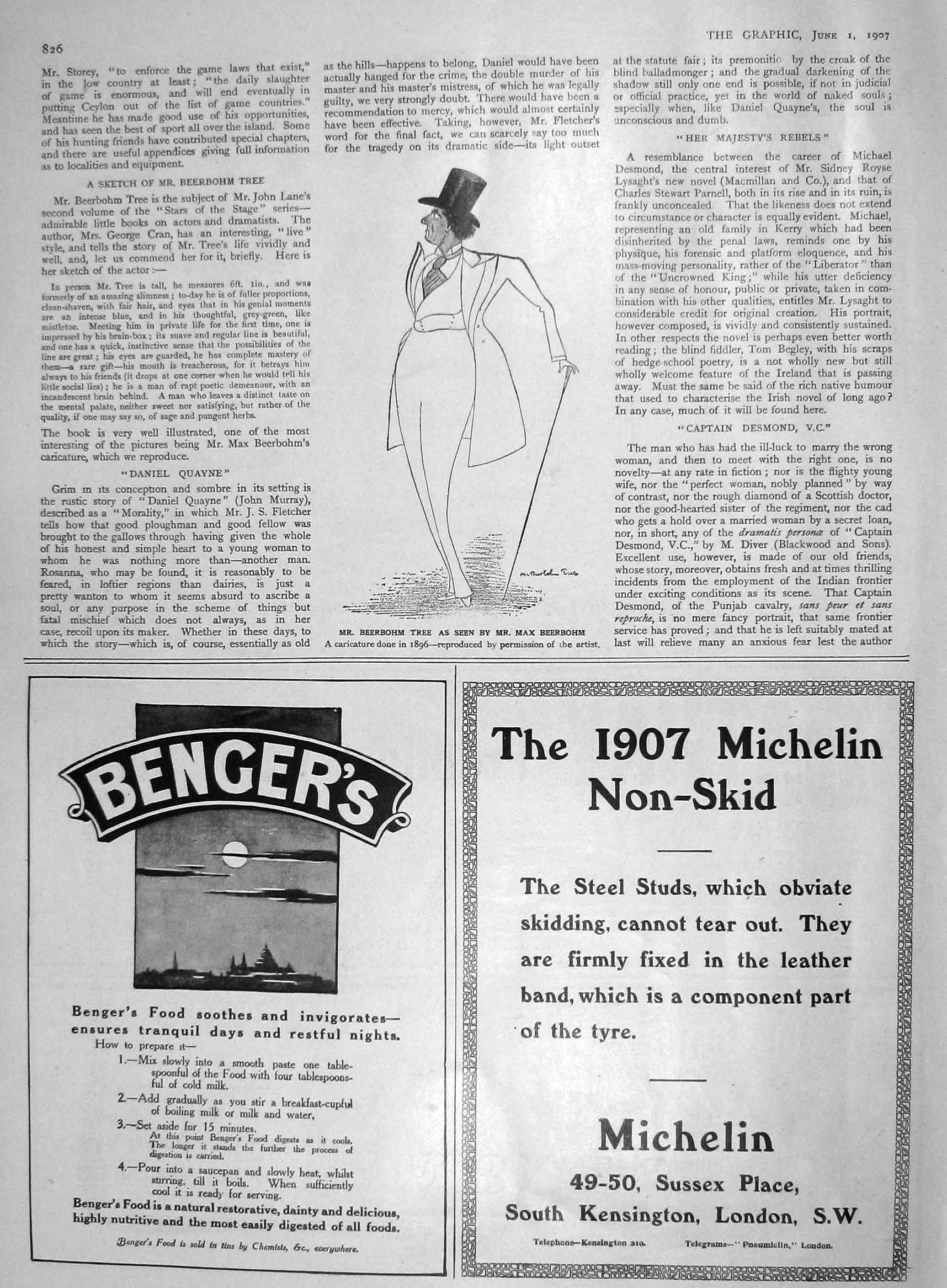 Original Old Antique Print 1907 Beerbohm Tree Caricature Bengers Food M 20th