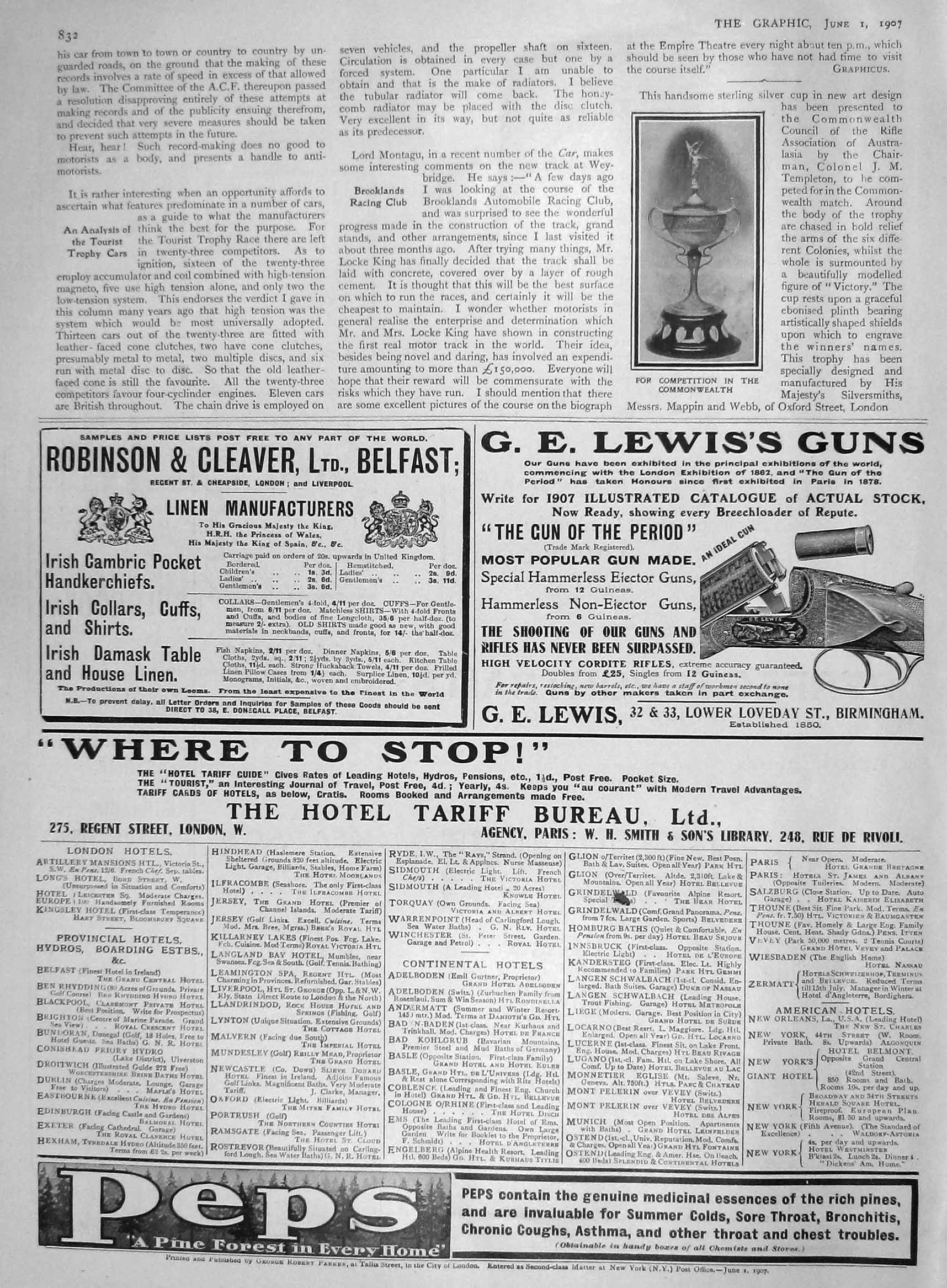 Original Old Antique Print 1907 Brooklands Racing Cup Peps Lewis Guns Cleaver