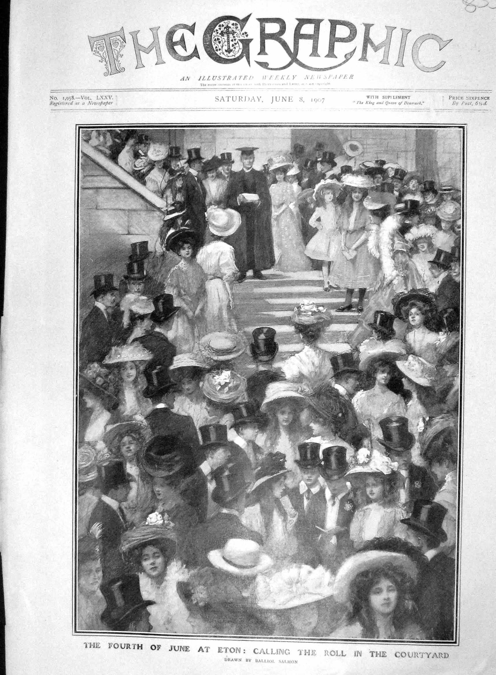 Original Old Antique Print 1907 June Eton Roll Call Courtyard College S 20th