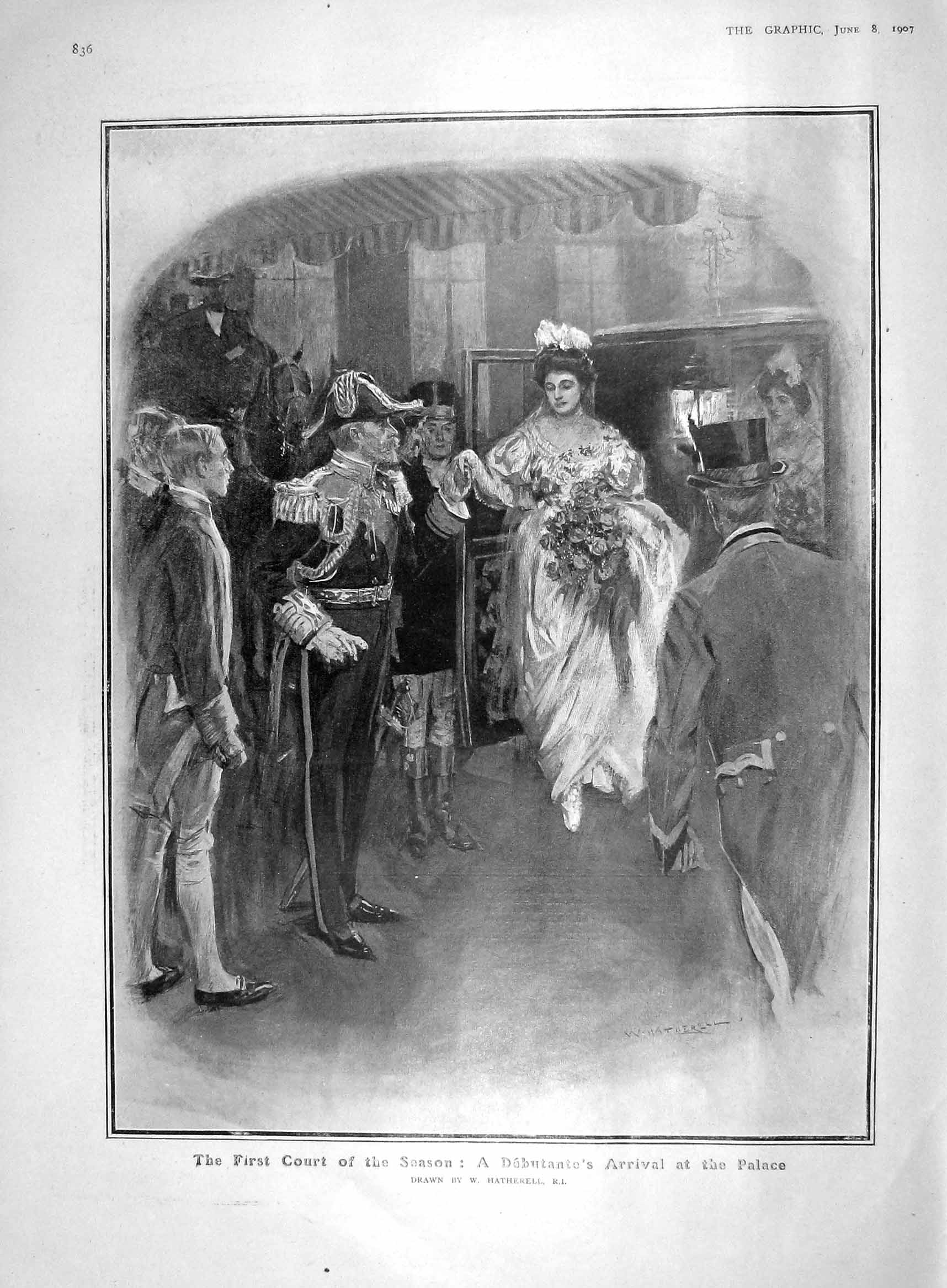 Original Old Antique Print 1907 Debutante Palace Carriage Cstream Guards Maud