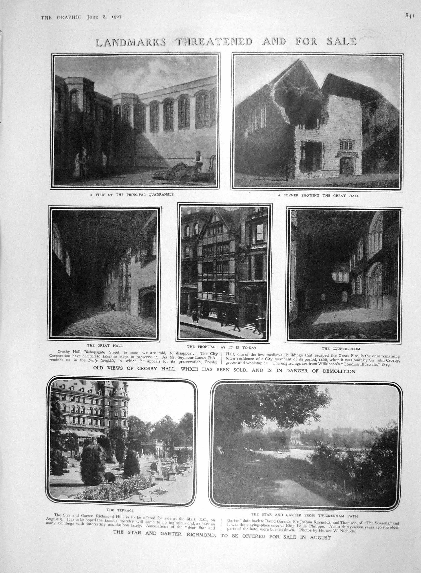 Original Old Antique Print 1907 Star Garter Richmond Crosby Hall Victoria Cross