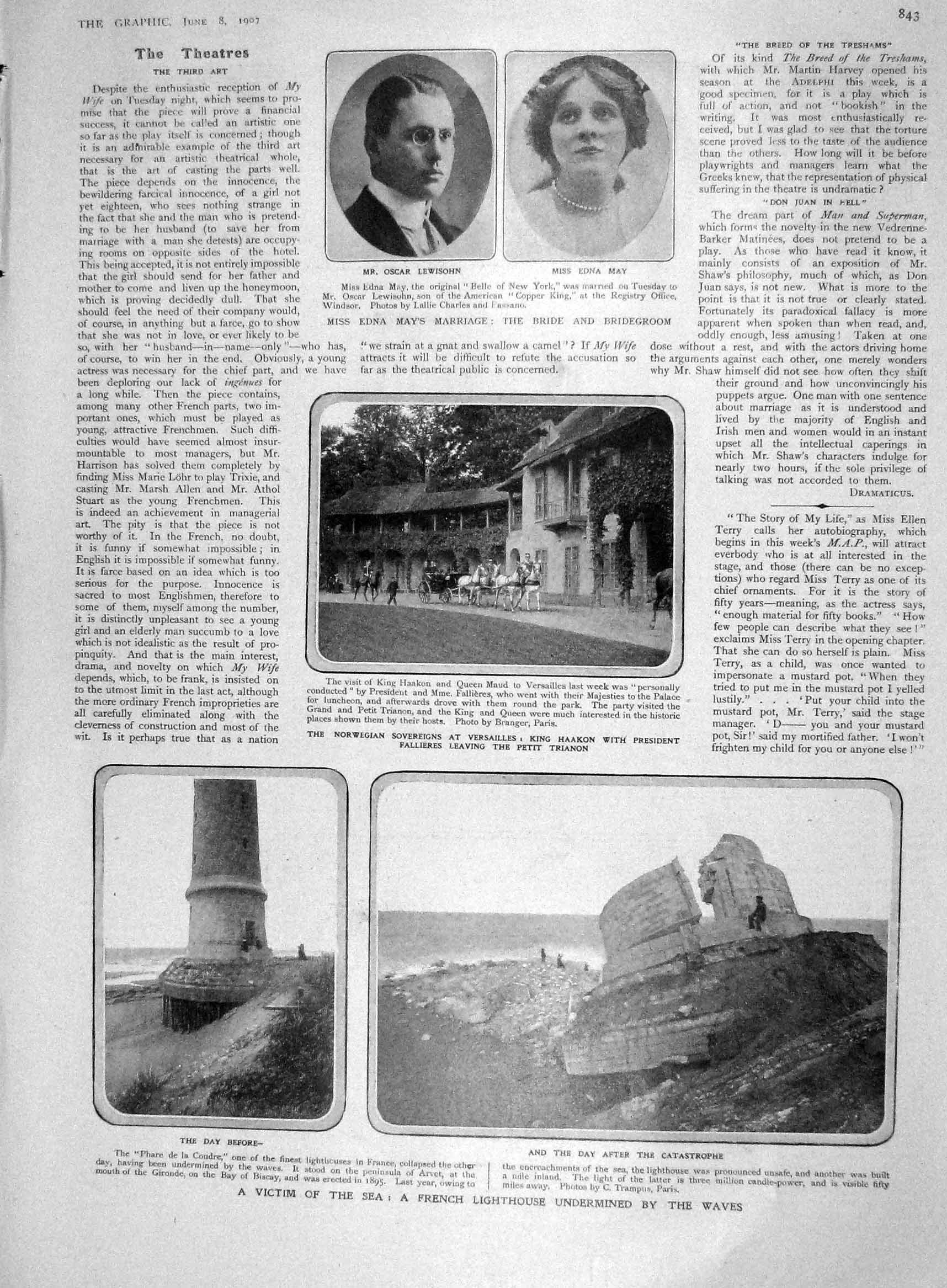 Old Antique Print 1907 French Lighthouse King Haakon May Cricket Railway 20th