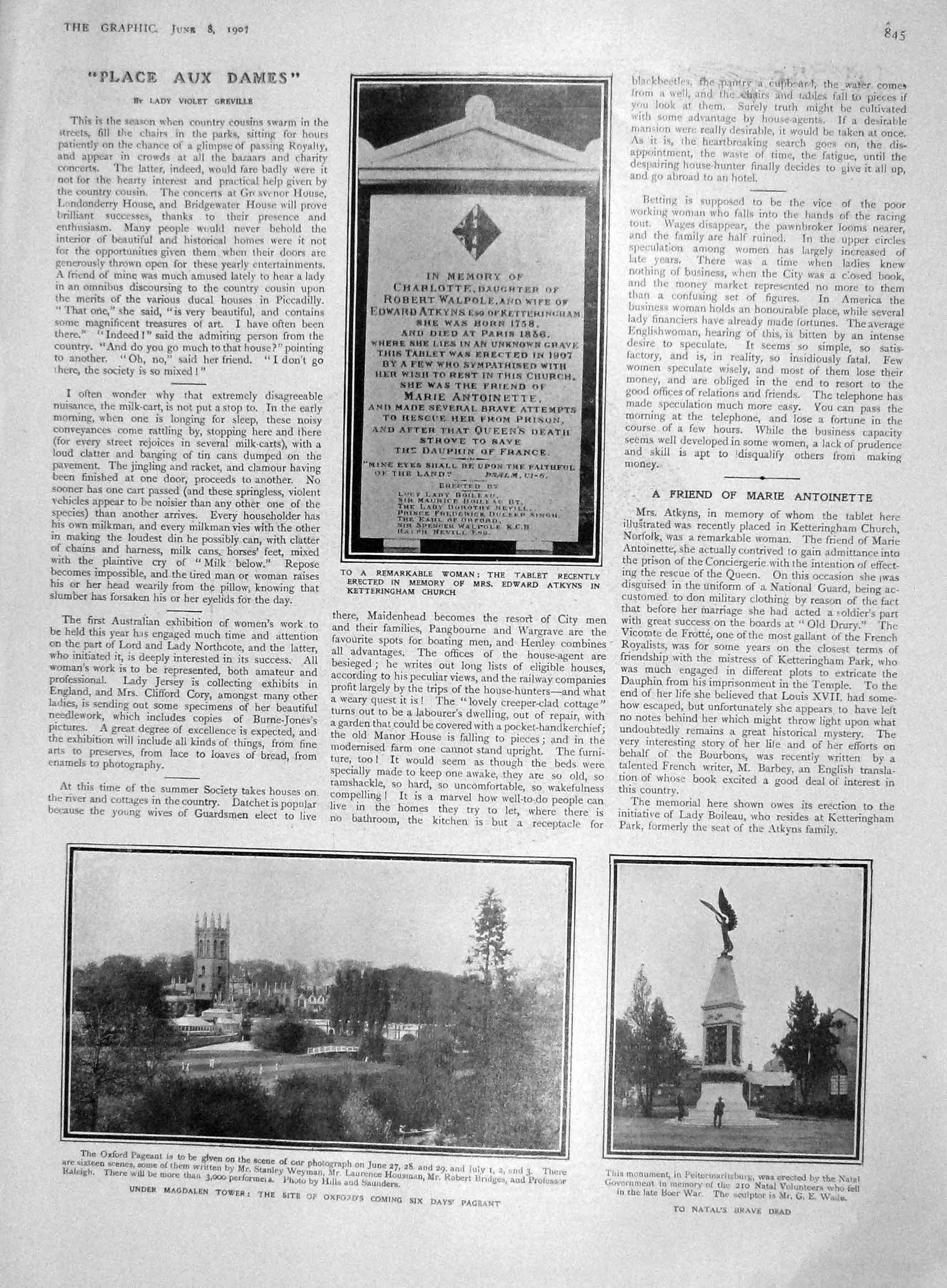 Original Old Antique Print 1907 Magdalen Tower Oxford Atkyns Church King Sweden