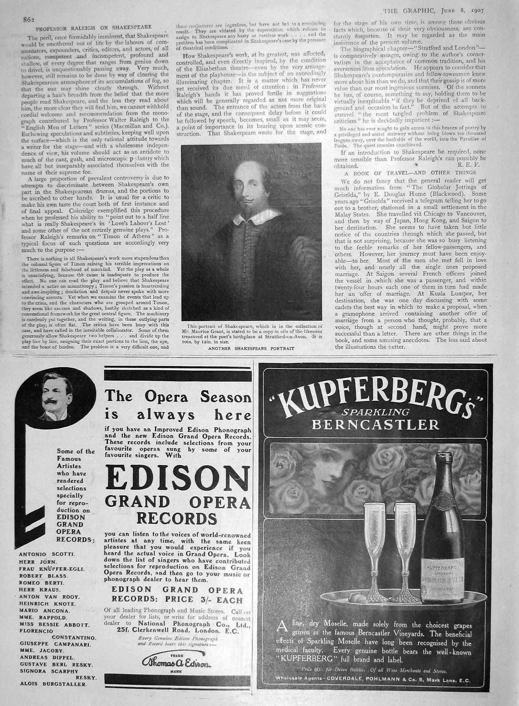 Original Old Antique Print 1907 Portrait Shakespeare Edison Records Kupferberg
