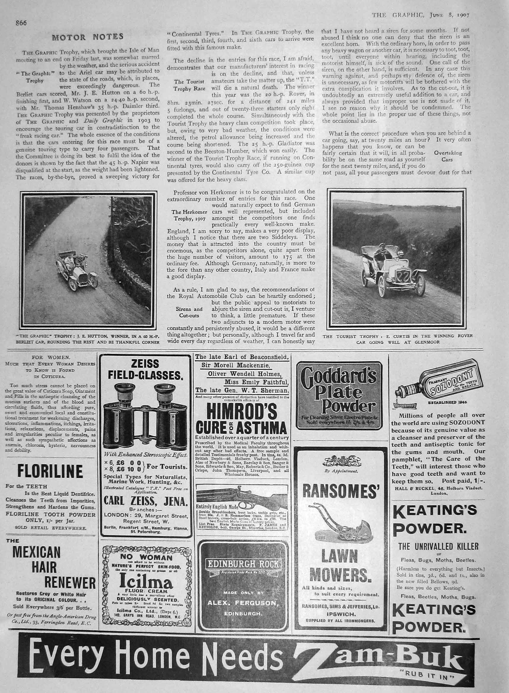 Original Old Antique Print 1907 Motor Car Racing Curtis Rover Glenmoor Hutton