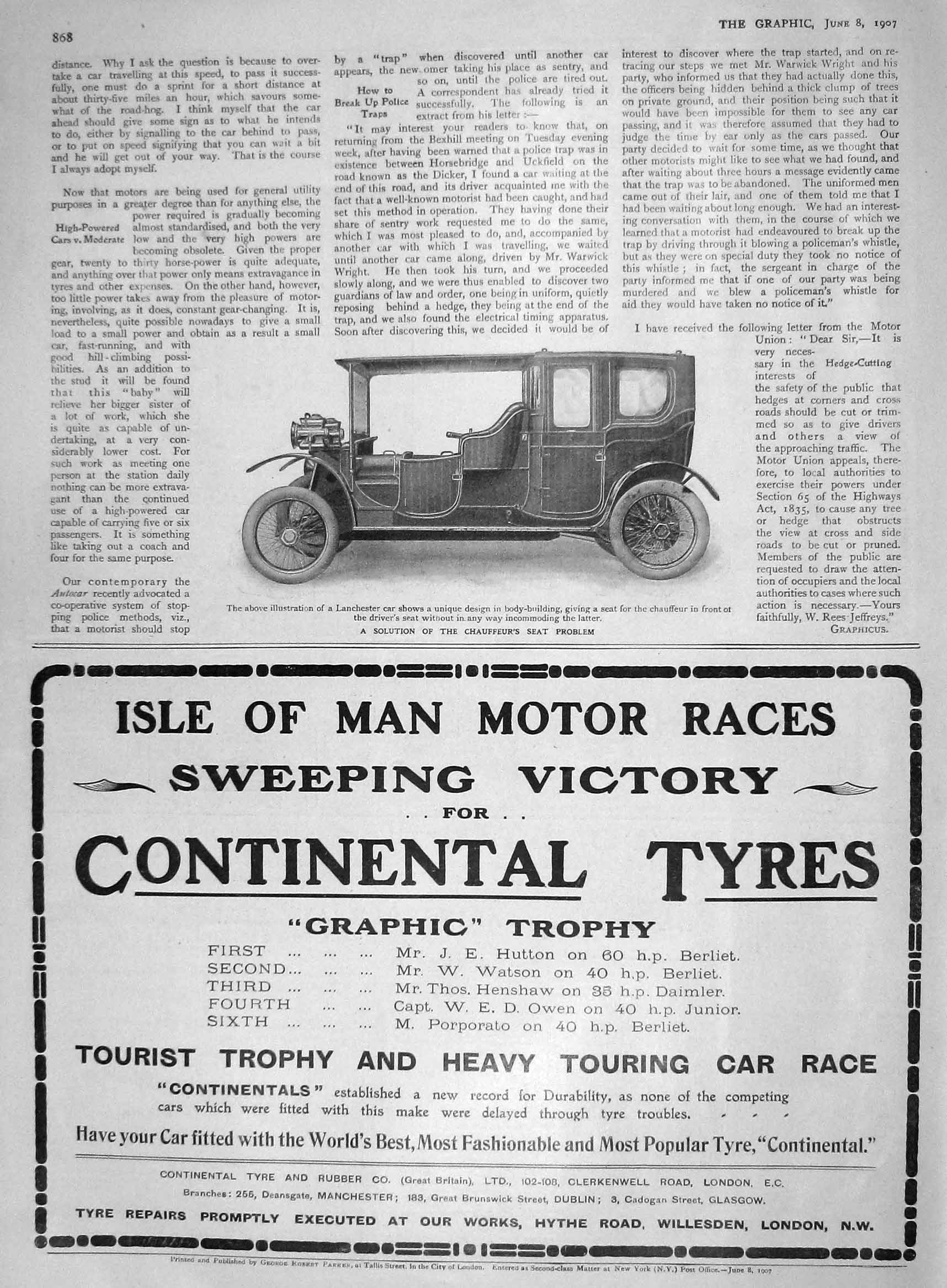 Original Old Antique Print 1907 Lanchester Motor Car Continental Tyres London