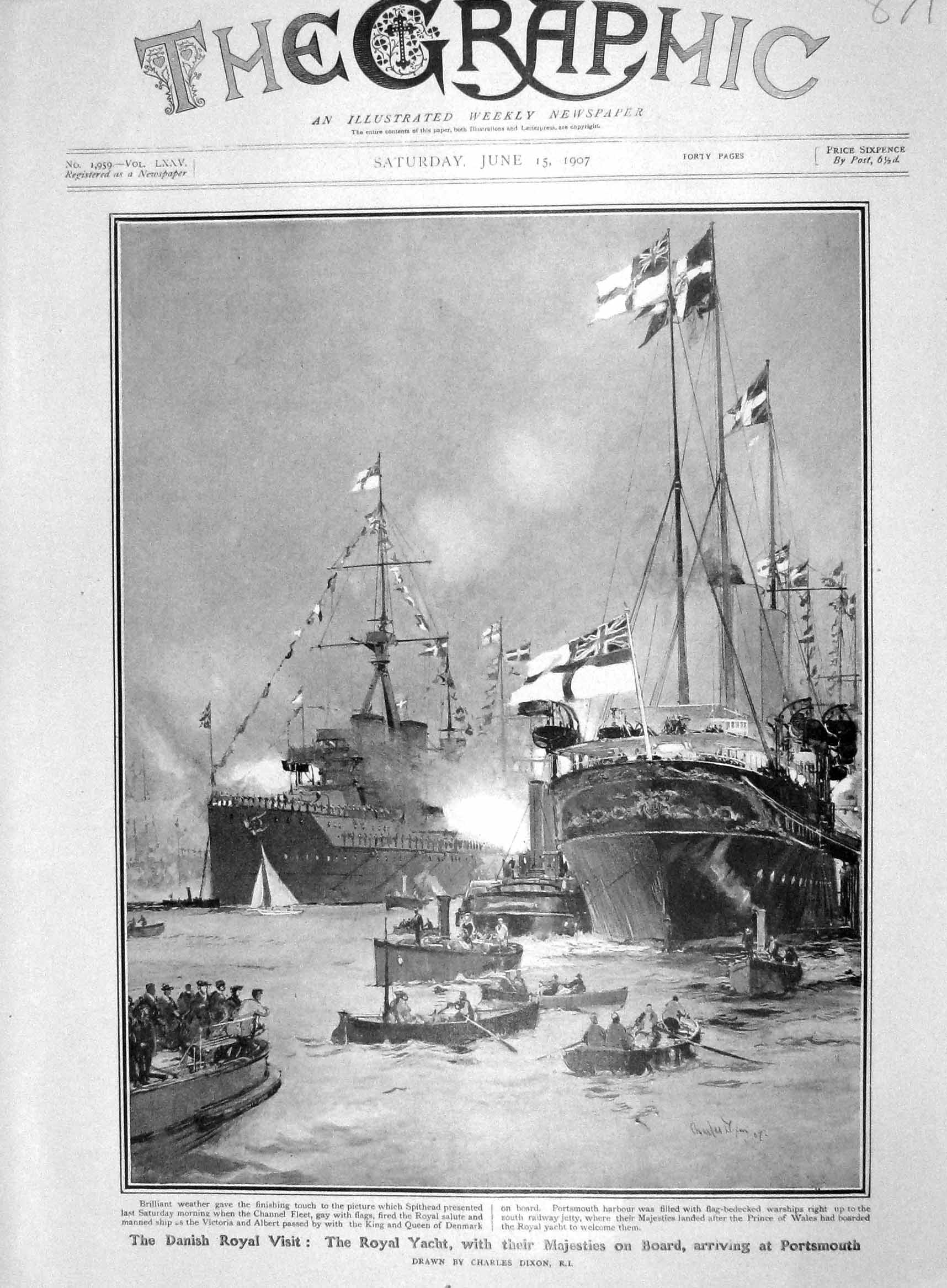 Original Old Antique Print 1907 Royal Yacht King Denmark Victoria Albert Wales
