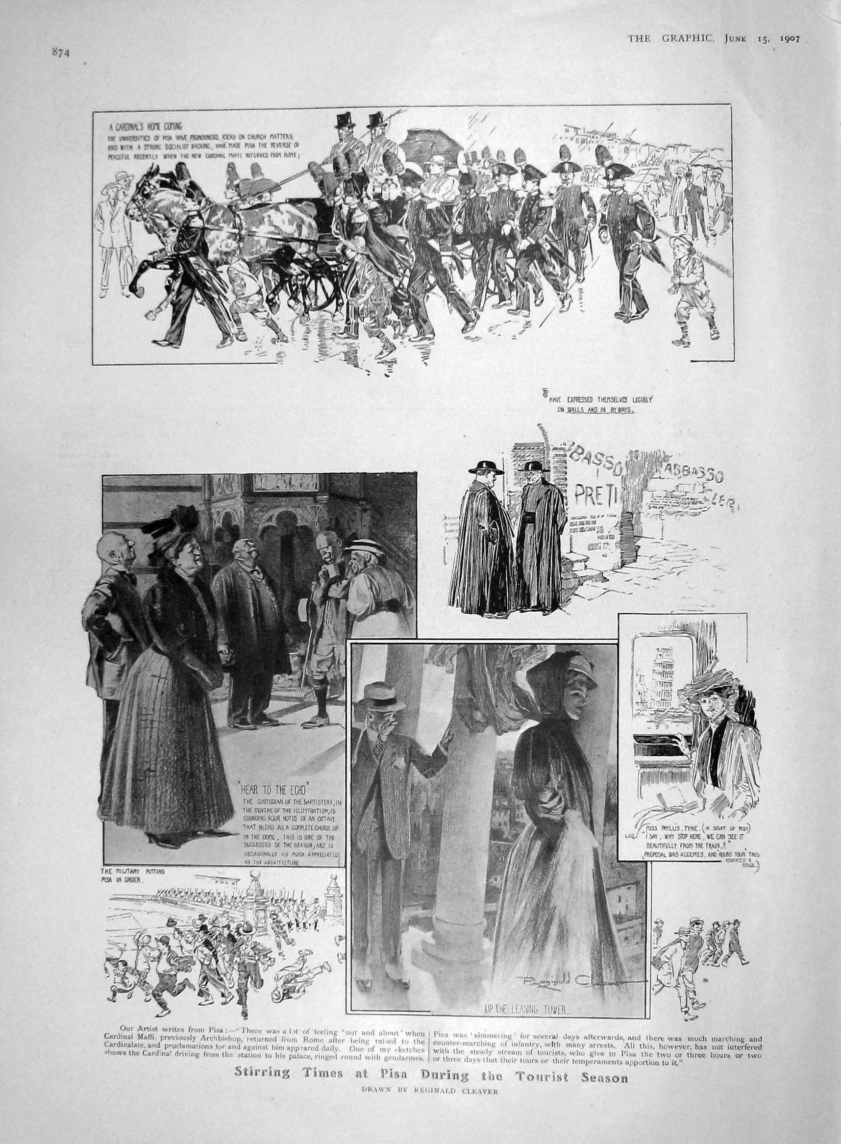 Old Antique Print 1907 Pisa Tourists Lord Mayor Motor Car Frankfort Queen 20th
