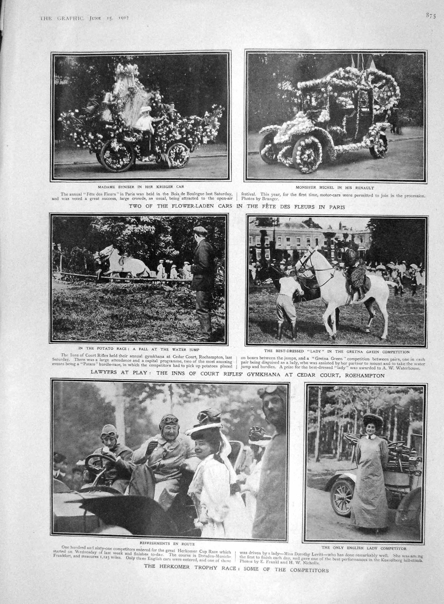 Original Old Antique Print 1907 Herkomer Motor Car Race Gymkhana Paris Guernsey