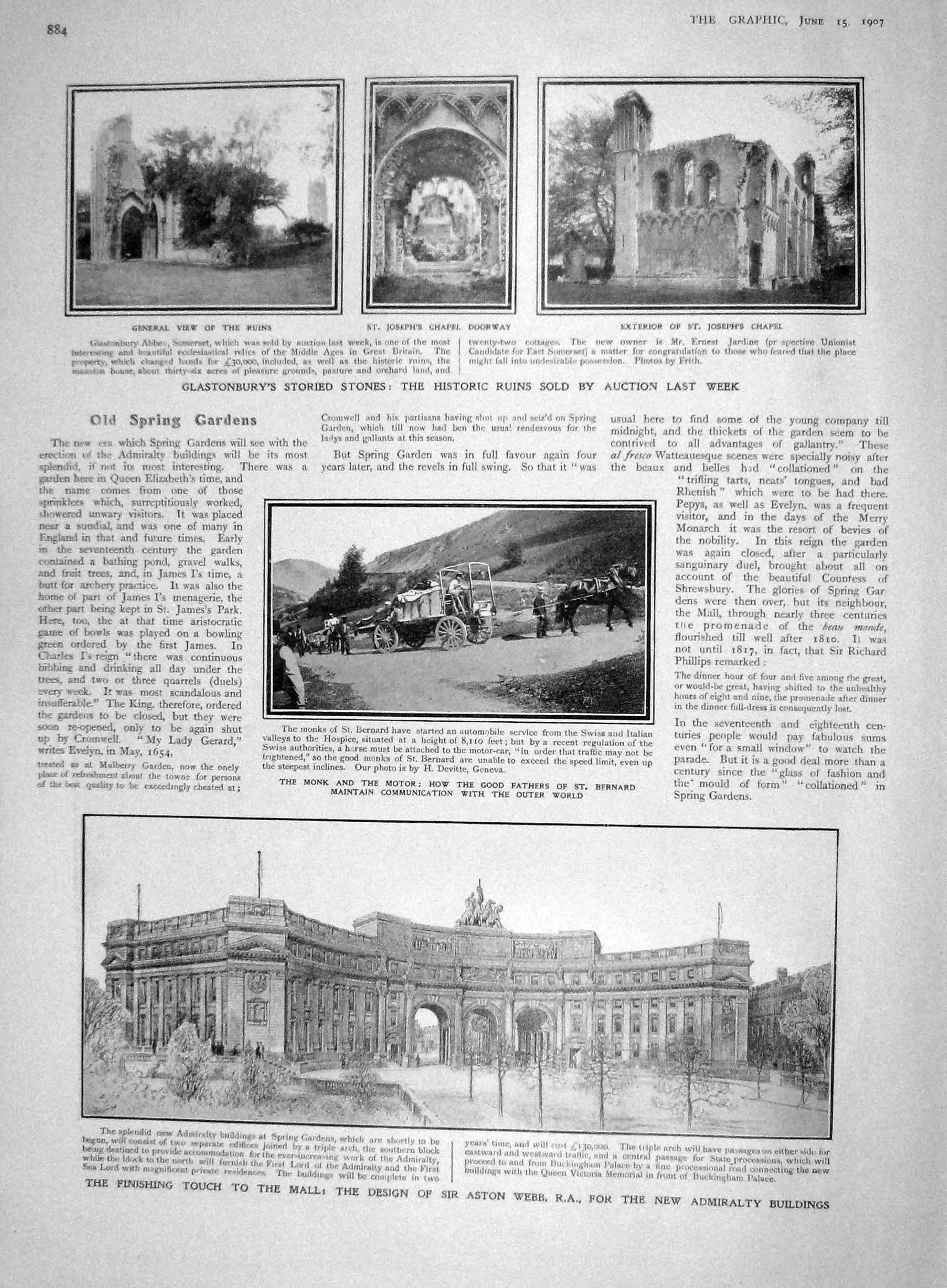 Original Old Antique Print 1907 Admiralty Buildings Mall Glastonbury Red Cross