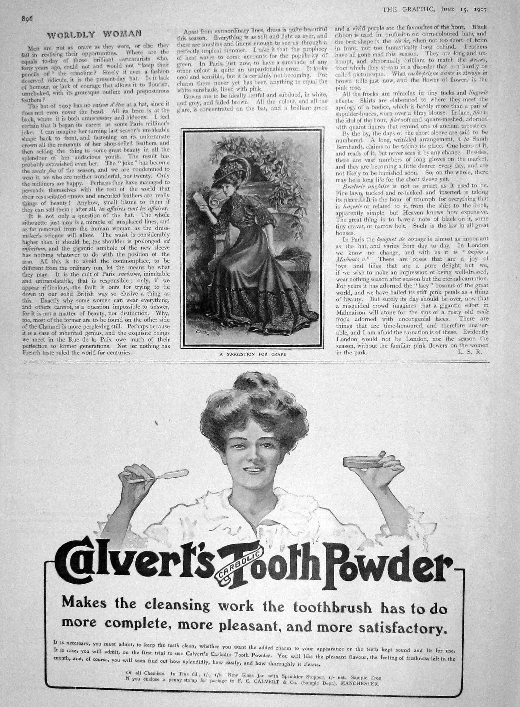 Old Antique Print 1907 Ladies Fashion Advertisement Calverts Tooth Powder 20th