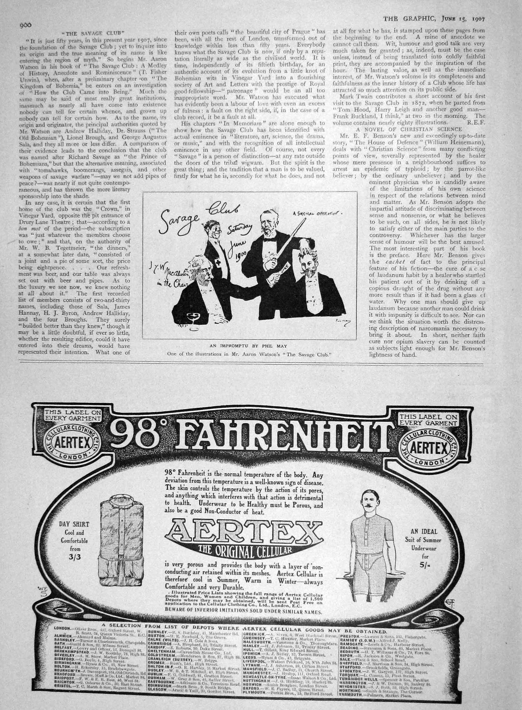 Old Antique Print 1907 Savage Club Arron Watson Fahrenheit Aertex Shirt 20th