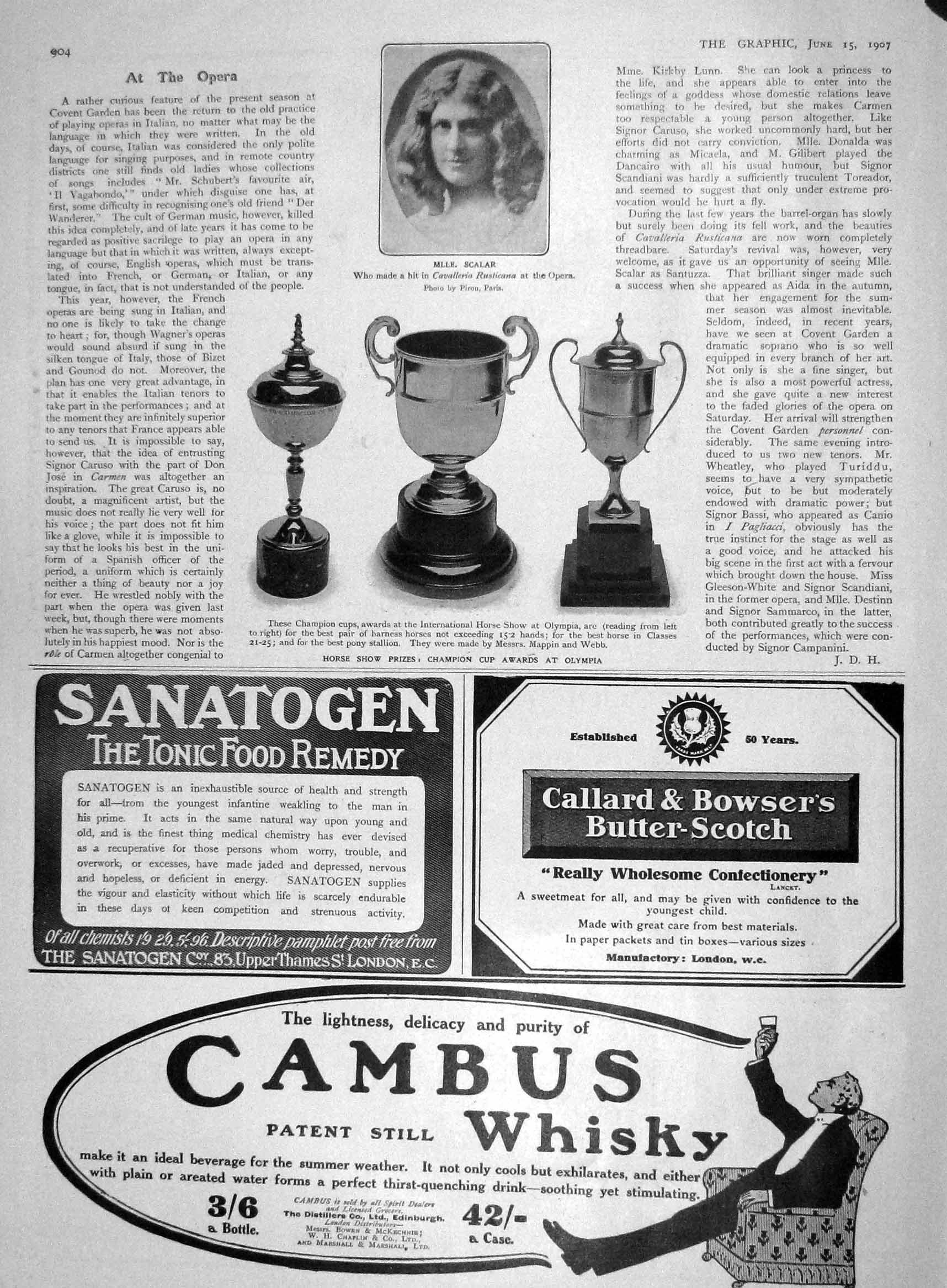 Old Antique Print 1907 Mlle' Scalar Olympia Horse Show Cups Cambus Whisky 20th