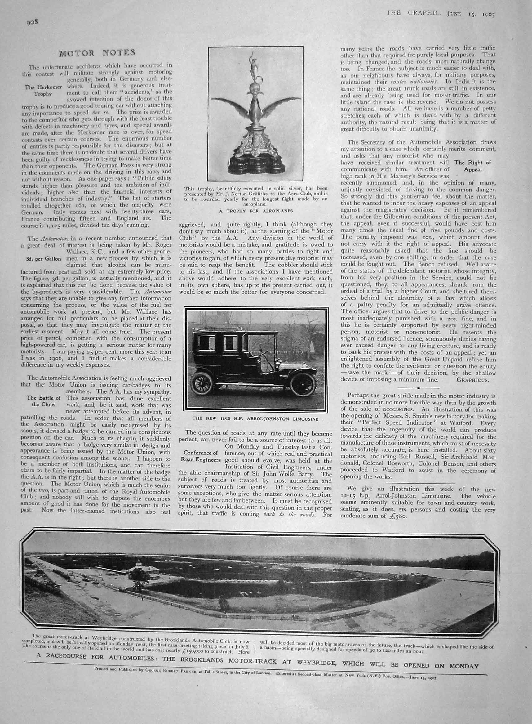 Original Old Antique Print 1907 Brooklands Motor Track Weybridge Limousine Car