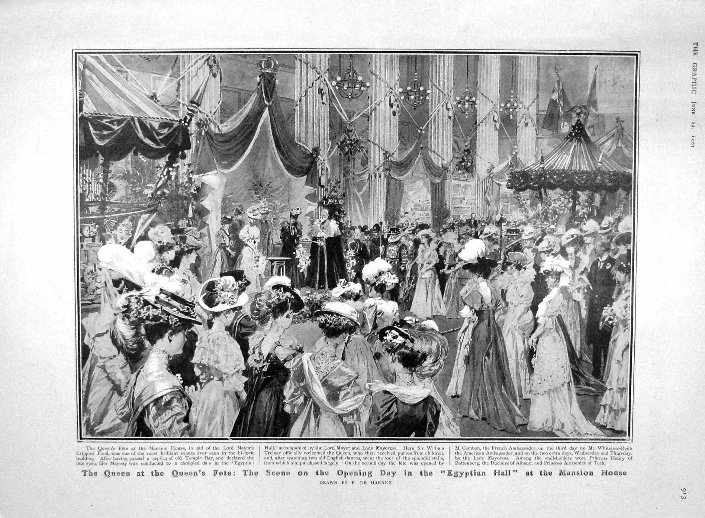 Original Old Antique Print 1907 Queen Fete Egyptian Mansion Saltmarshe Deramore