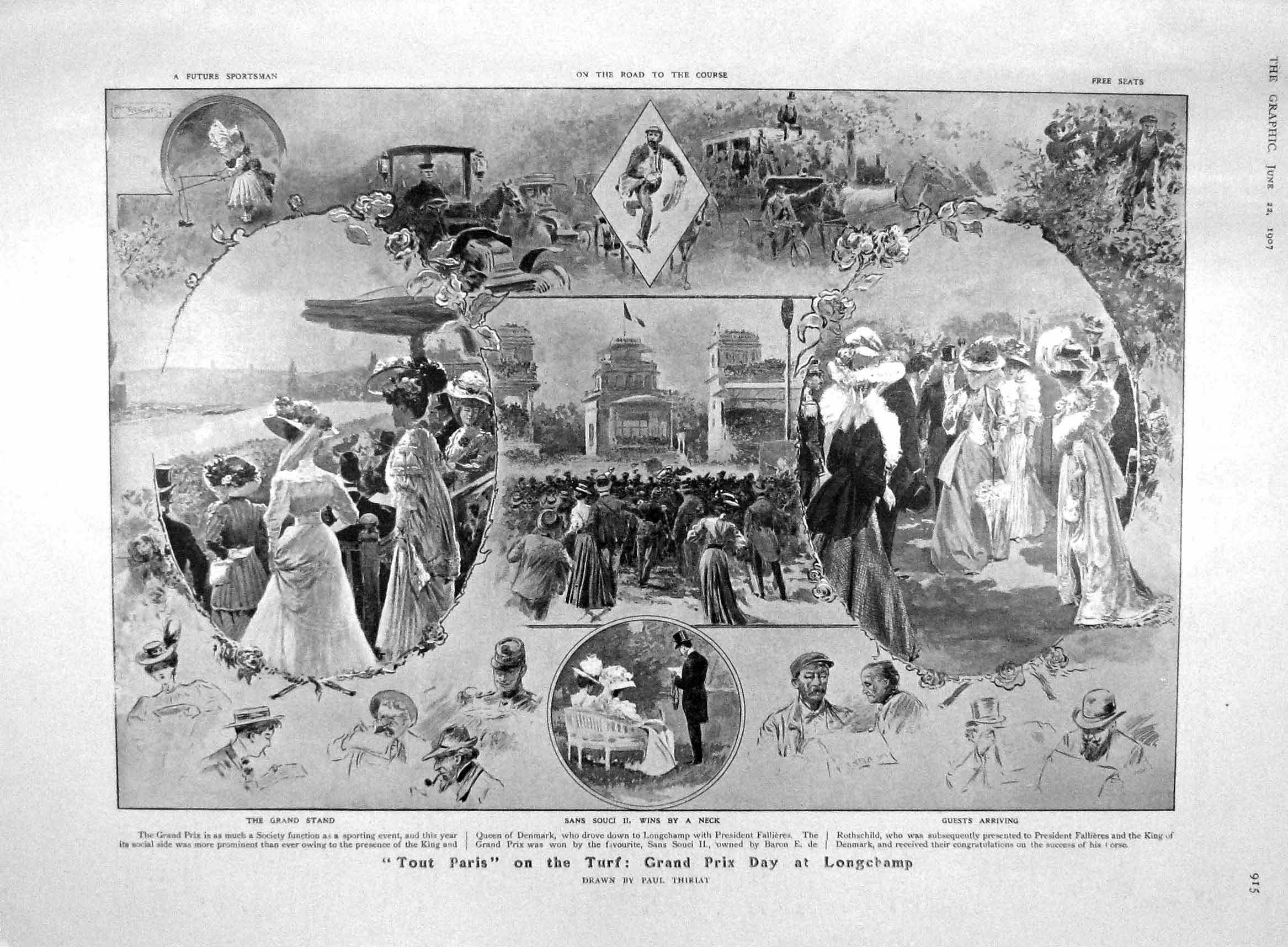 Old Antique Print 1907 Grand Prix Longchamp Sans Souci Newydd Llangollen 20th