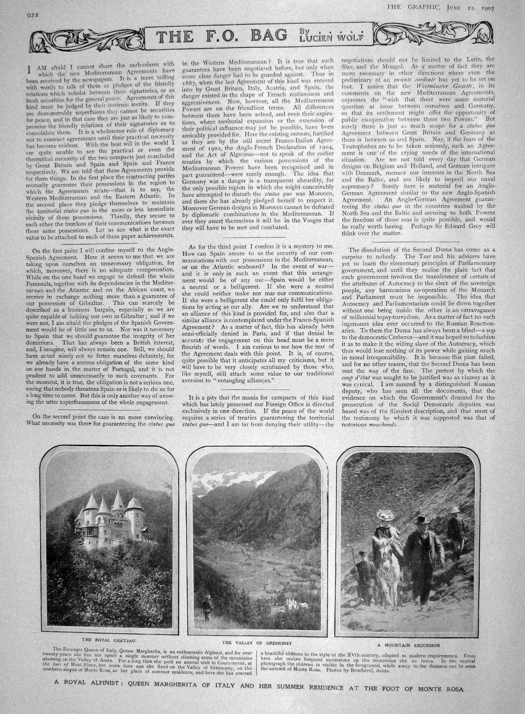 Original Old Antique Print 1907 Queen Margherita Italy Royal Chateau Monte Rosa