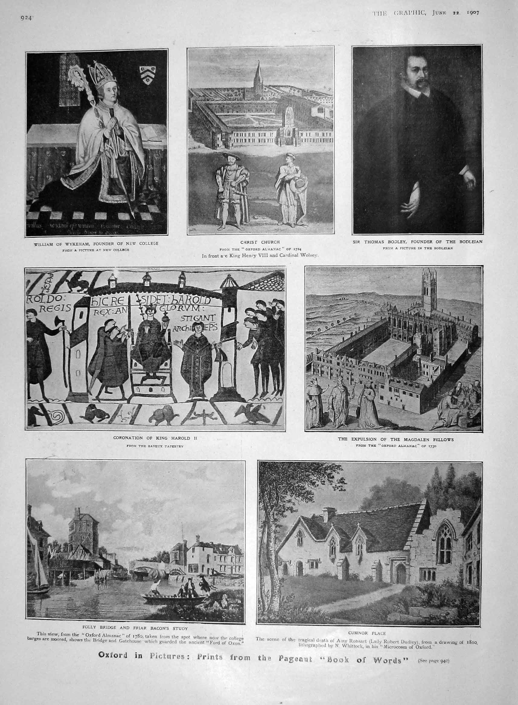 Original Old Antique Print 1907 Oxford Bodley HarCumnor Wellington College 20th