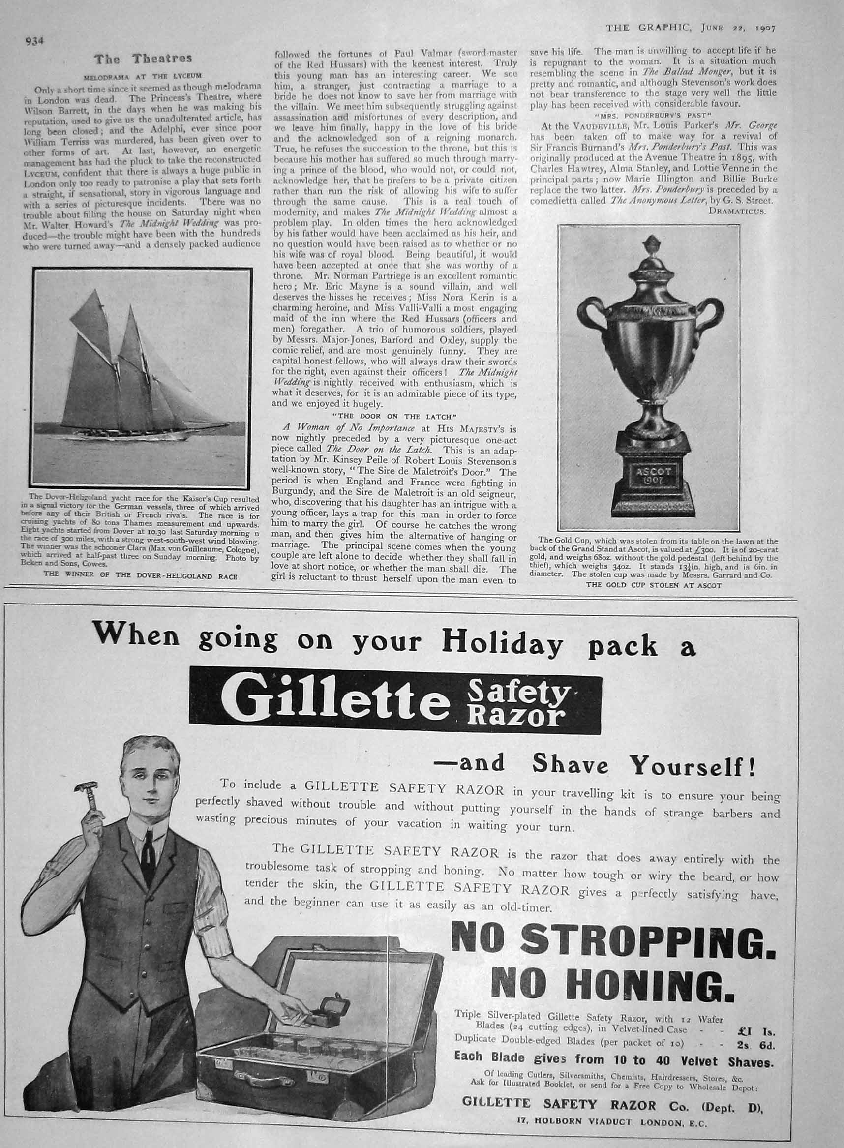 Old Antique Print 1907 Dover-Heligoland Yacht Race Clara Gillette Razor 20th
