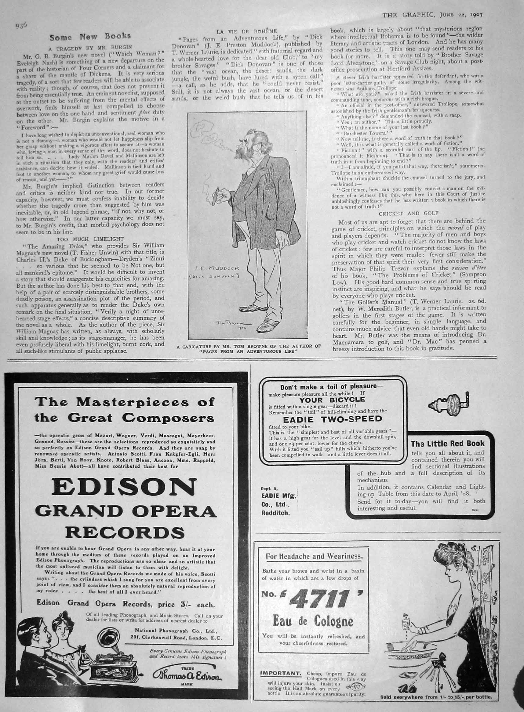 Original Old Antique Print 1907 Cariacature Tom Browne Author Edison Records