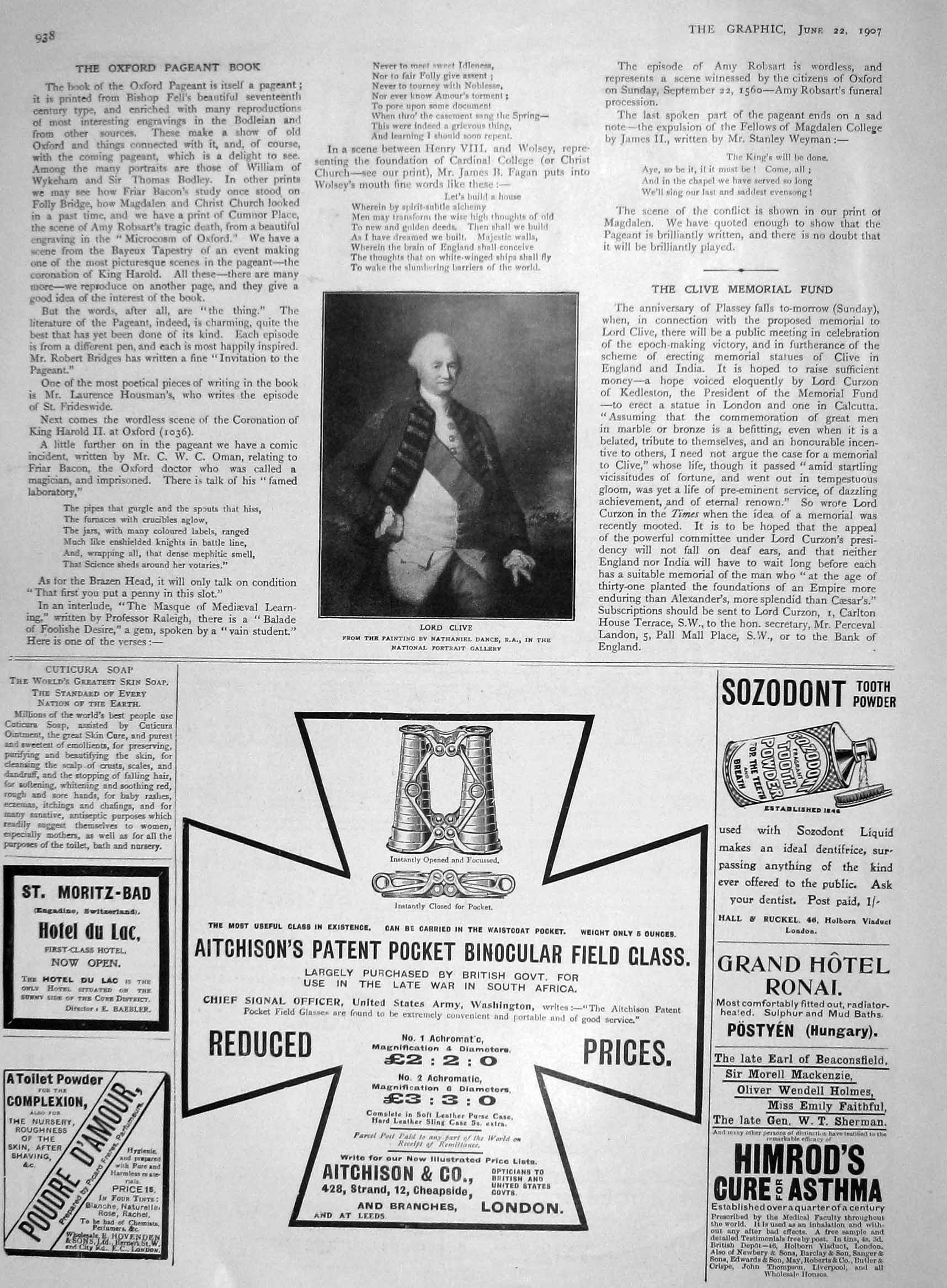 Original Old Antique Print 1907 Lord Clive Aitchison Binoculars Grand Hote 20th