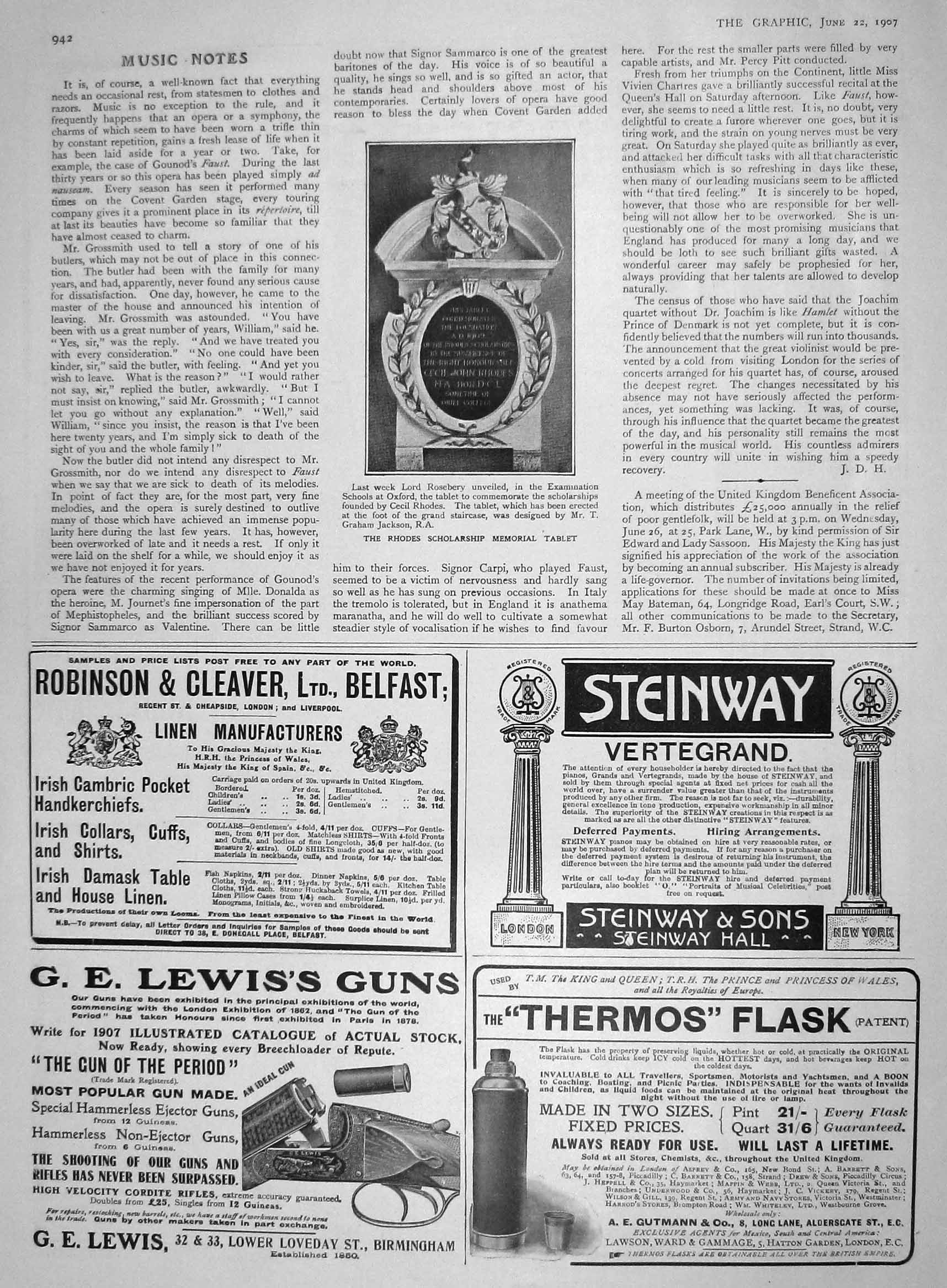 Original Old Antique Print 1907 Rhodes Scholarship Tablet Lewis Thermos Flask