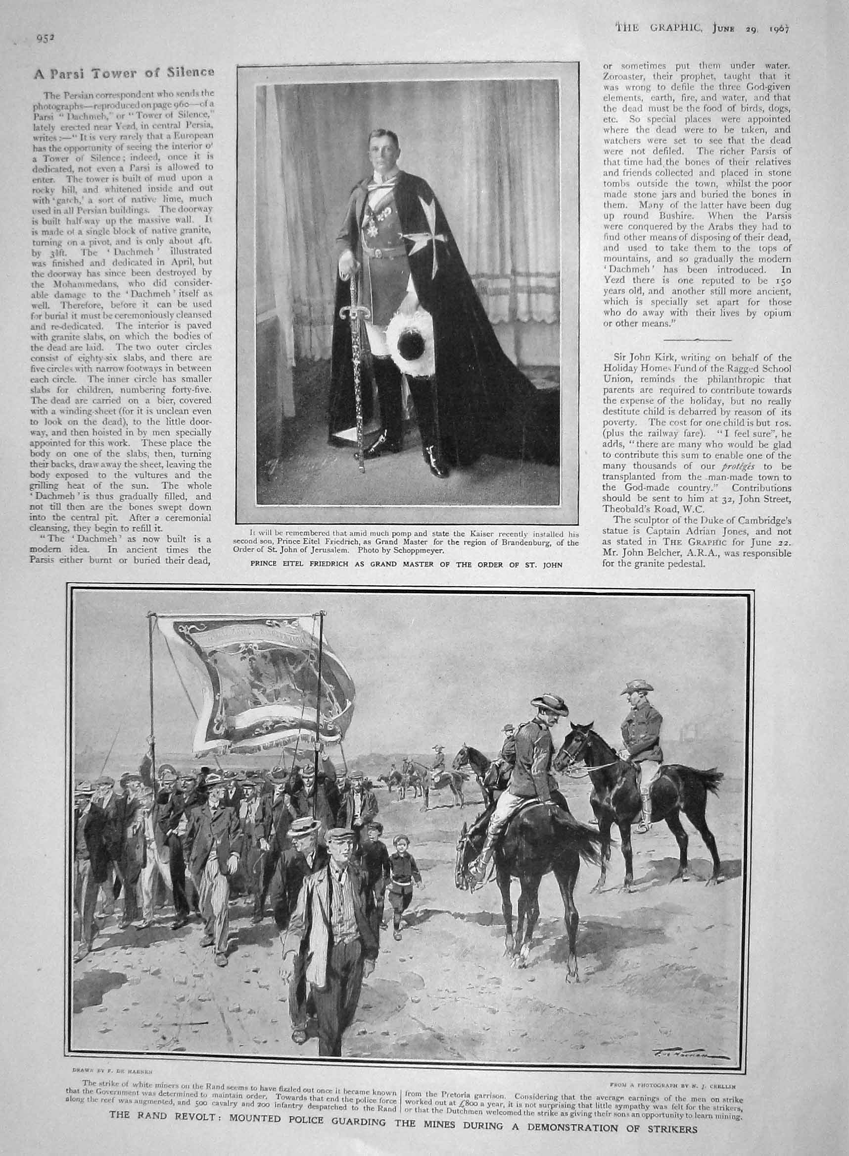 Old Antique Print 1907 Prince Eitel Friedrich Police Rand Revolt Harcourt 20th