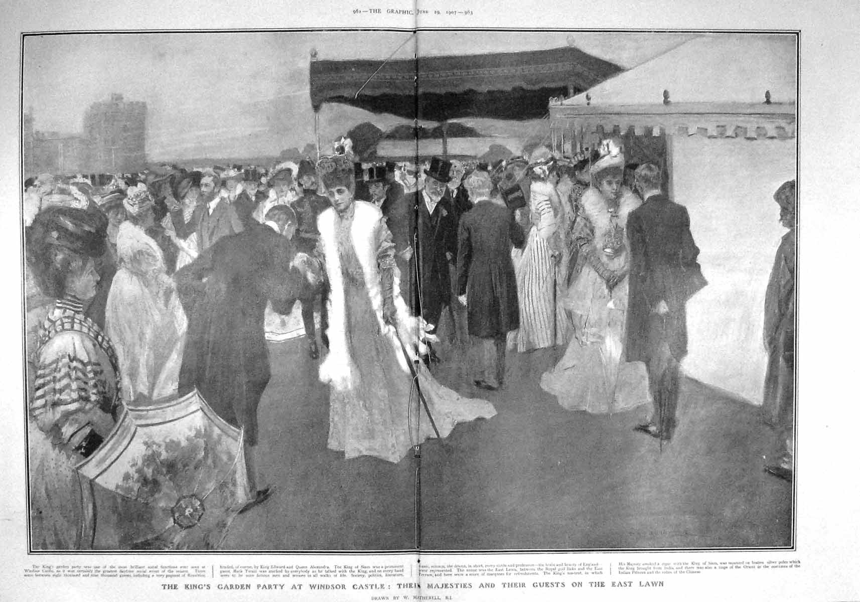 Original Old Antique Print 1907 King Garden Party Lawn Windsor Castle London