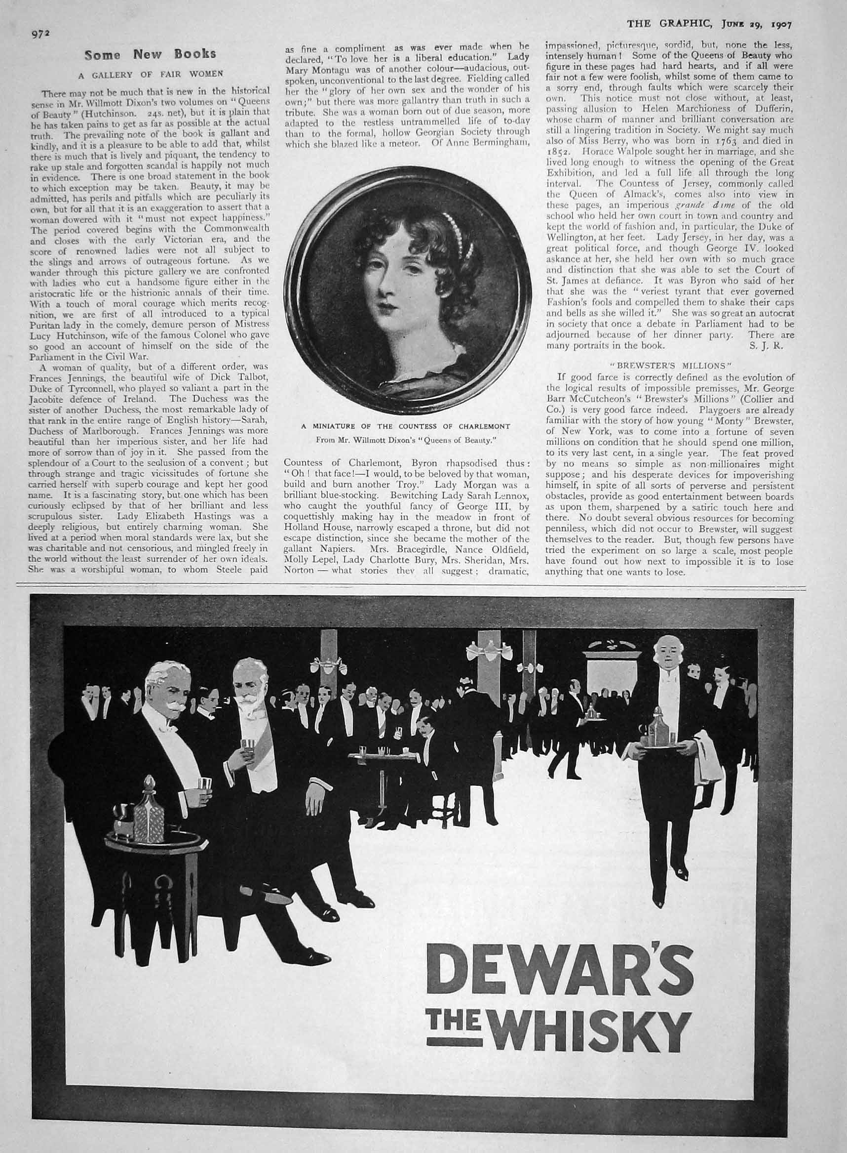 Original Old Antique Print 1907 Portrait Countess Charlemont Dewars Whisky 20th