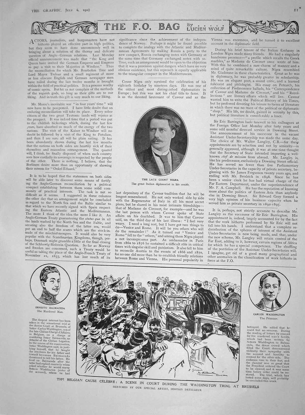 Original Old Antique Print 1907 Waddington Trial Brussels Balmaceda Nigra Court