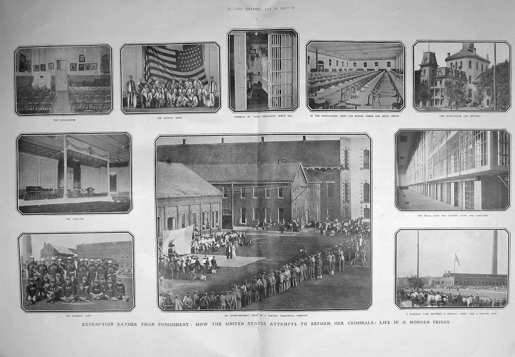 Antique Old Print 1907 America Reform Criminals Prison Theatre Schoolroom 0 20th