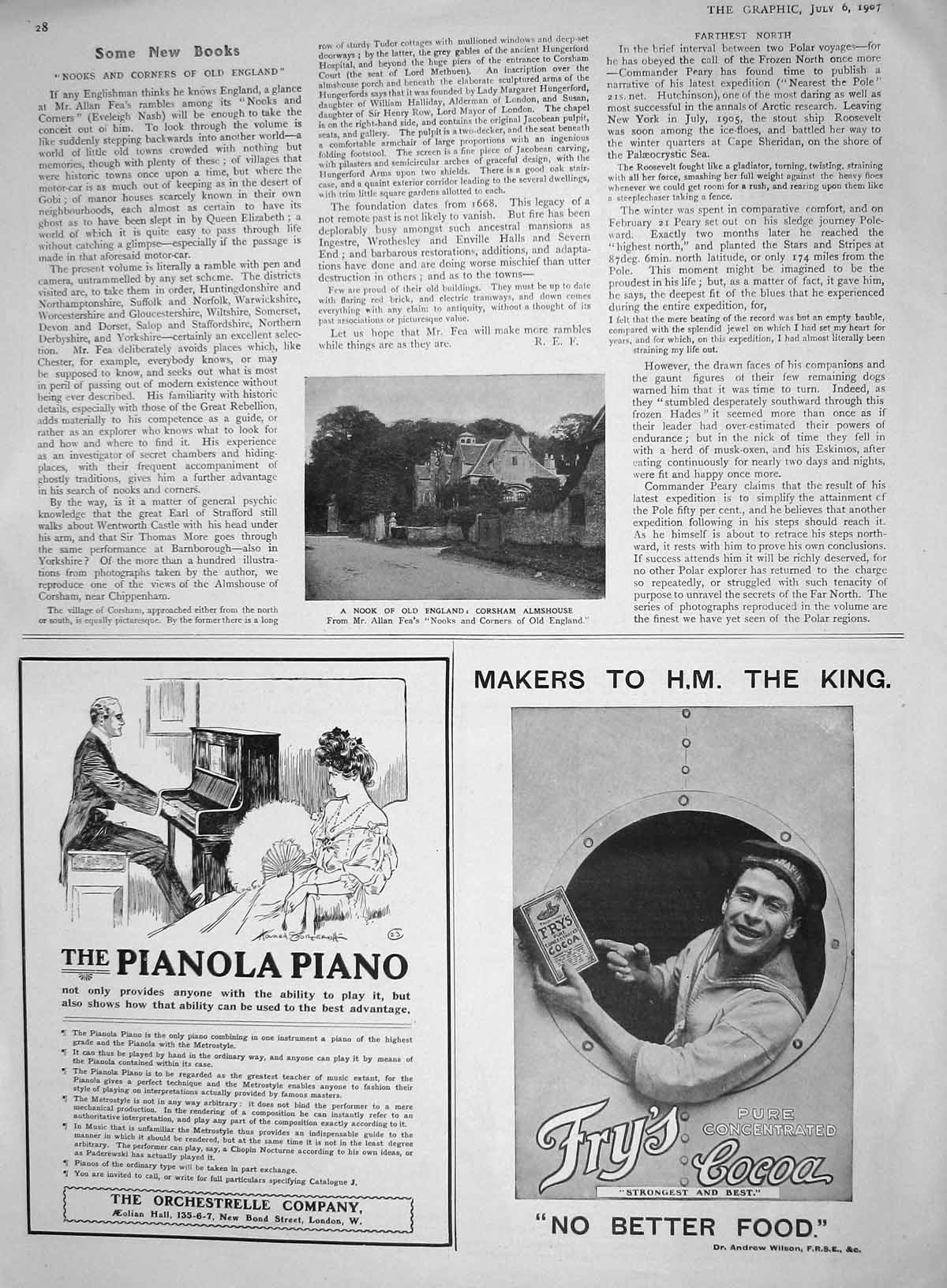 Original Old Antique Print 1907 Corsham Almshouses England Frys Cocoa Pianola