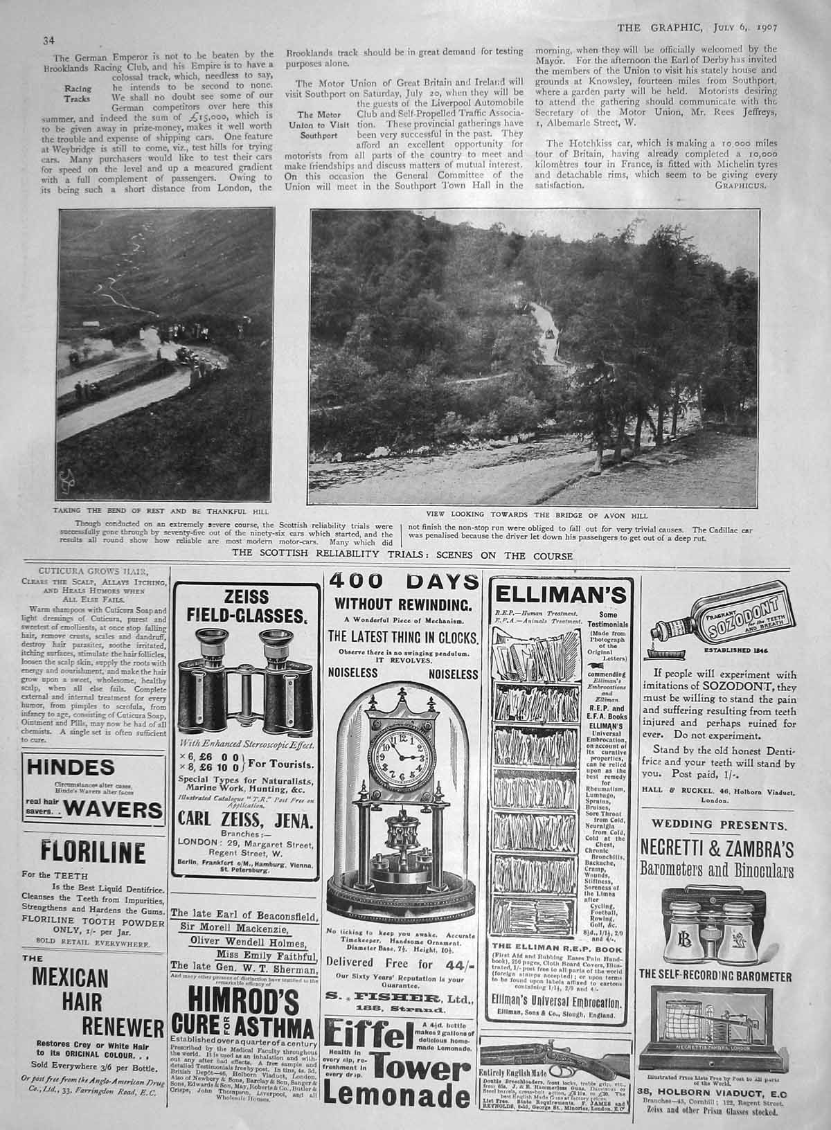 Original Old Antique Print 1907 Scotland Reliability Trials Motor Car Avon Hill