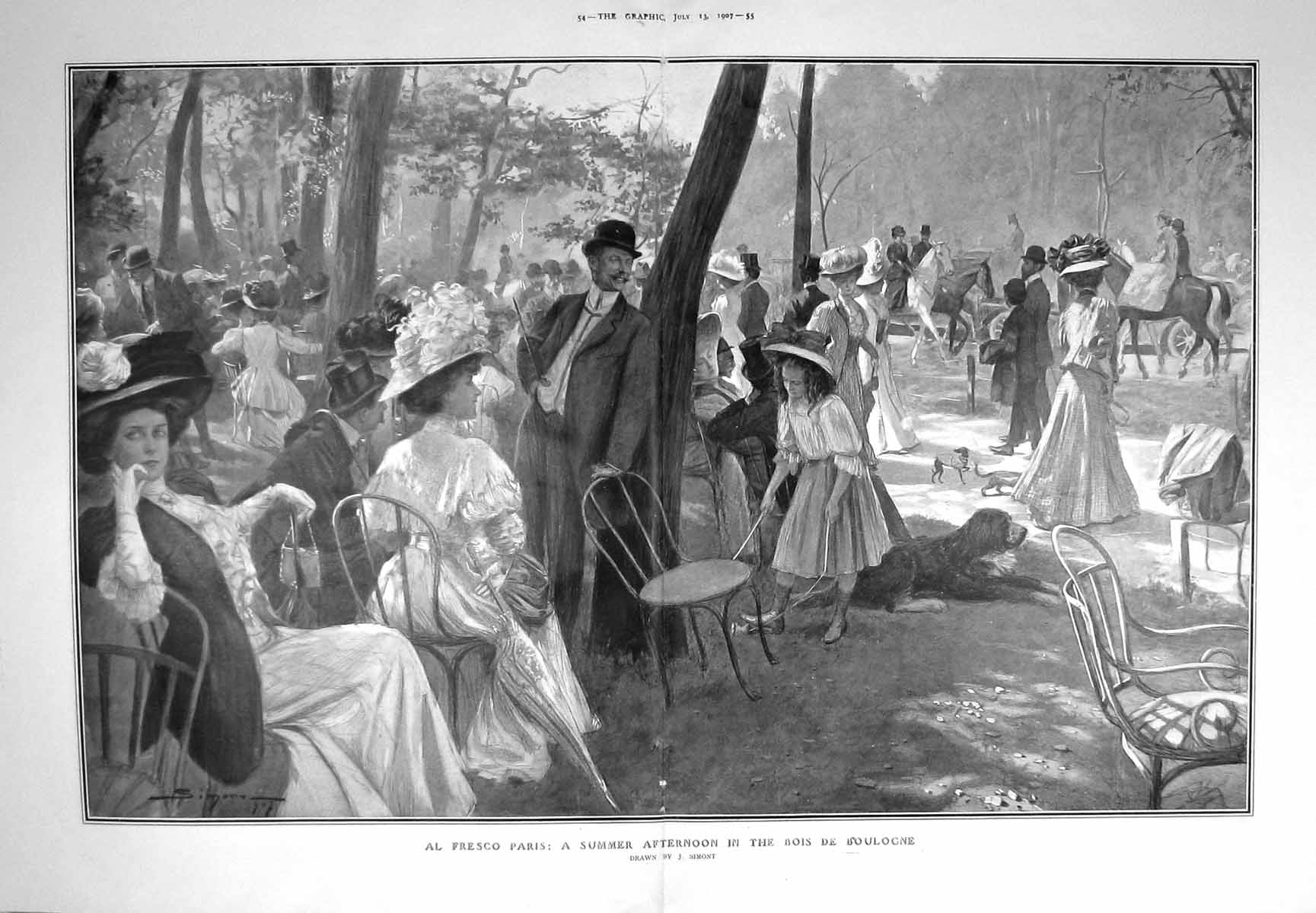 Original Old Antique Print 1907 Summer Afternoon Bois De Boulogne France Paris 0