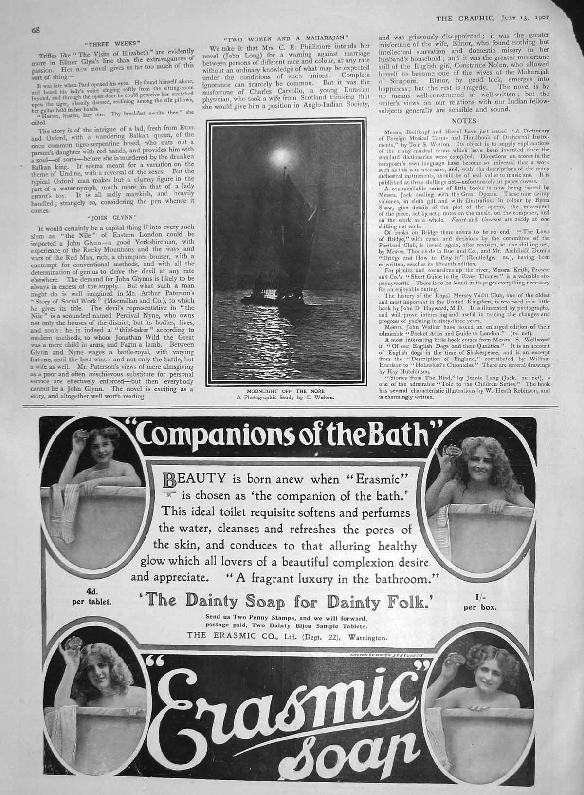 Original Old Antique Print 1907 Moonlight Yacht Nore Erasmic Soap Warrington
