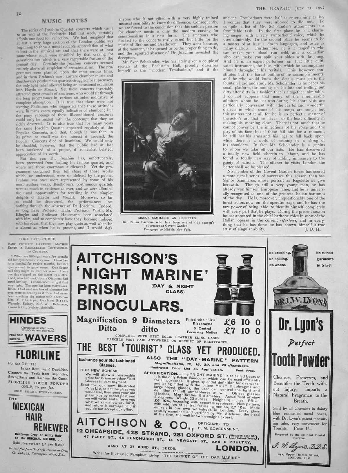 Old Antique Print 1907 Signor Sammarco Rigoletto Italian Baritone Covent 20th