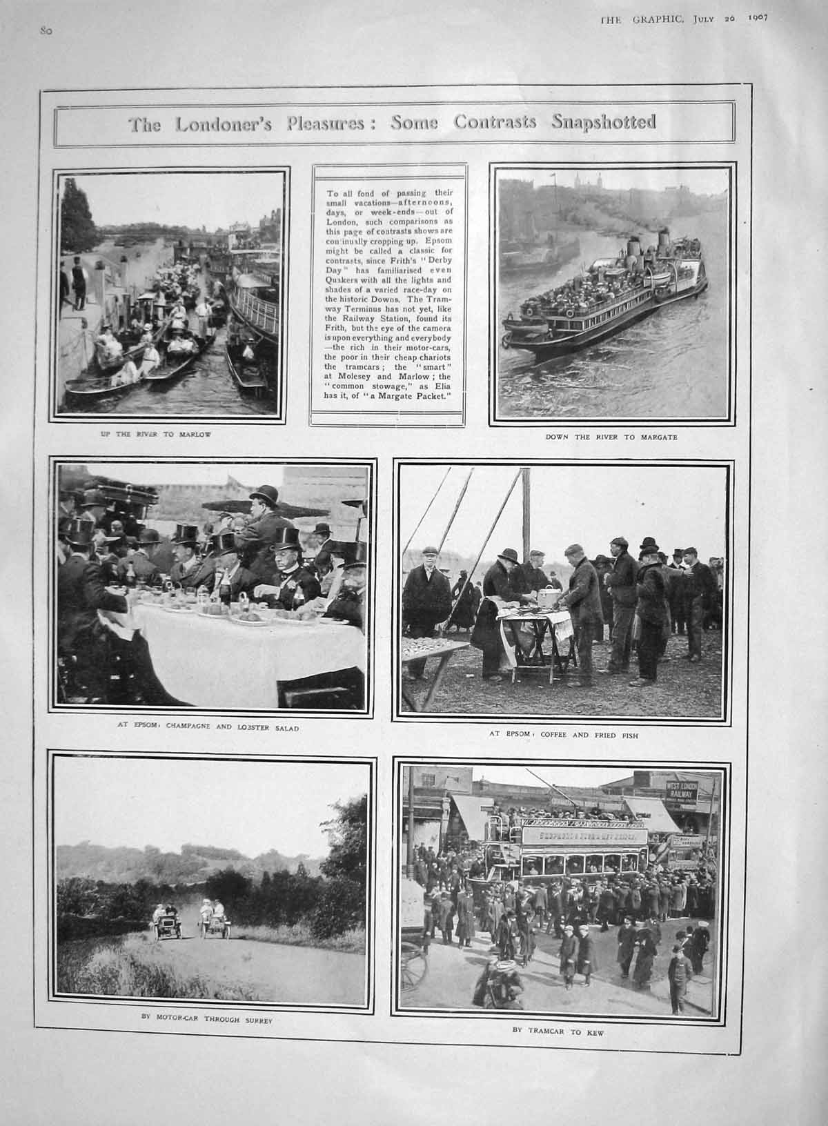 Original Old Antique Print 1907 River Boat Margate Marlow Epsom Tramcar Cricket